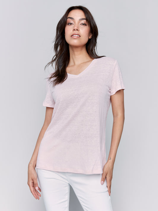 Charlie B Linen Jersey Knit V-Neck T-Shirt Petal C1231TPK-291C-109