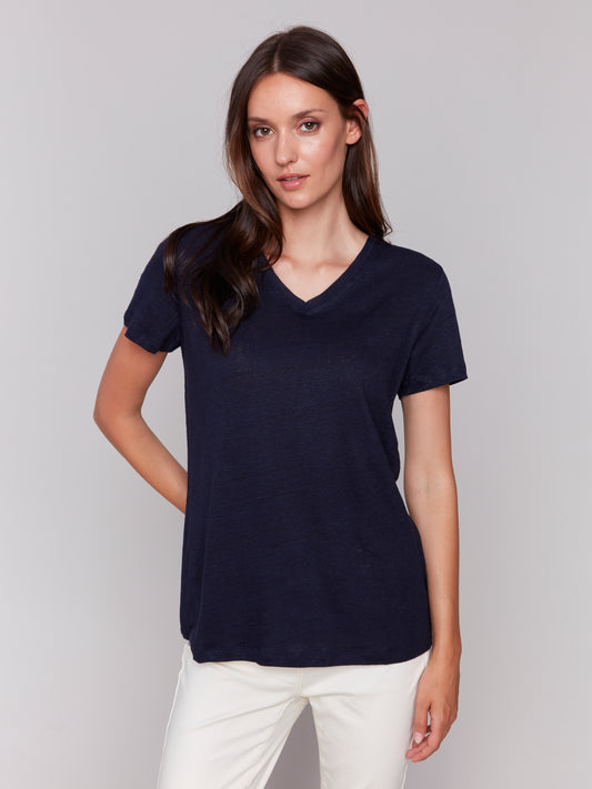 Charlie B Linen Jersey Knit V-Neck T-Shirt Navy C1231TPK-291C-117