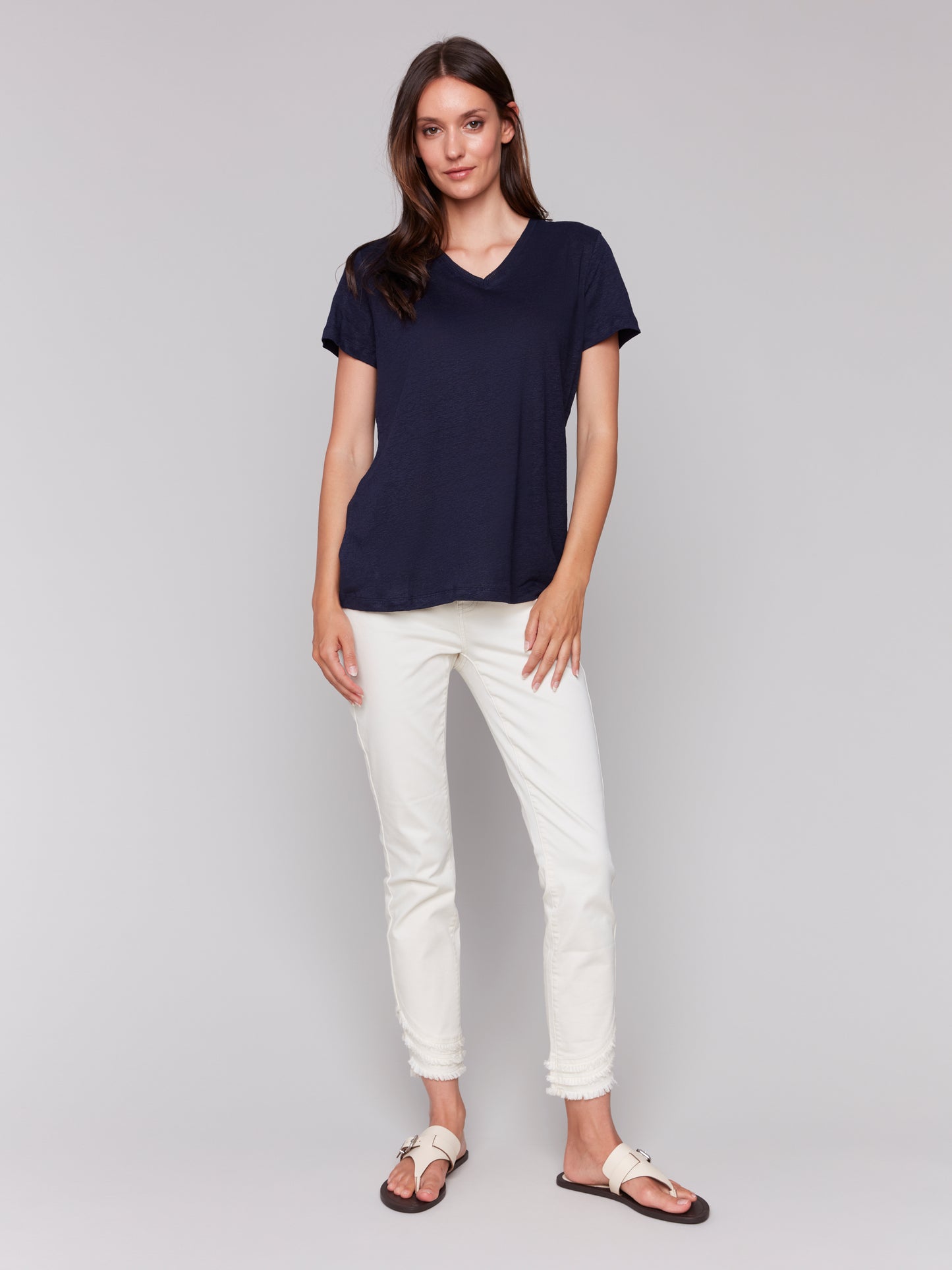 Charlie B Linen Jersey Knit V-Neck T-Shirt Navy C1231TPK-291C-117
