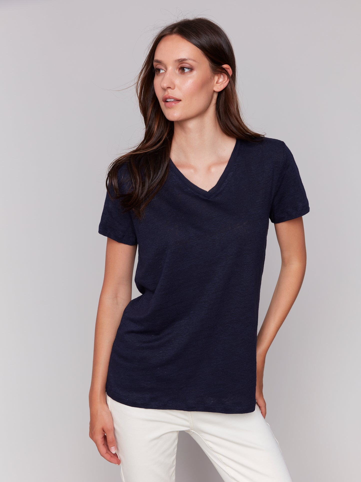 Charlie B Linen Jersey Knit V-Neck T-Shirt Navy C1231TPK-291C-117