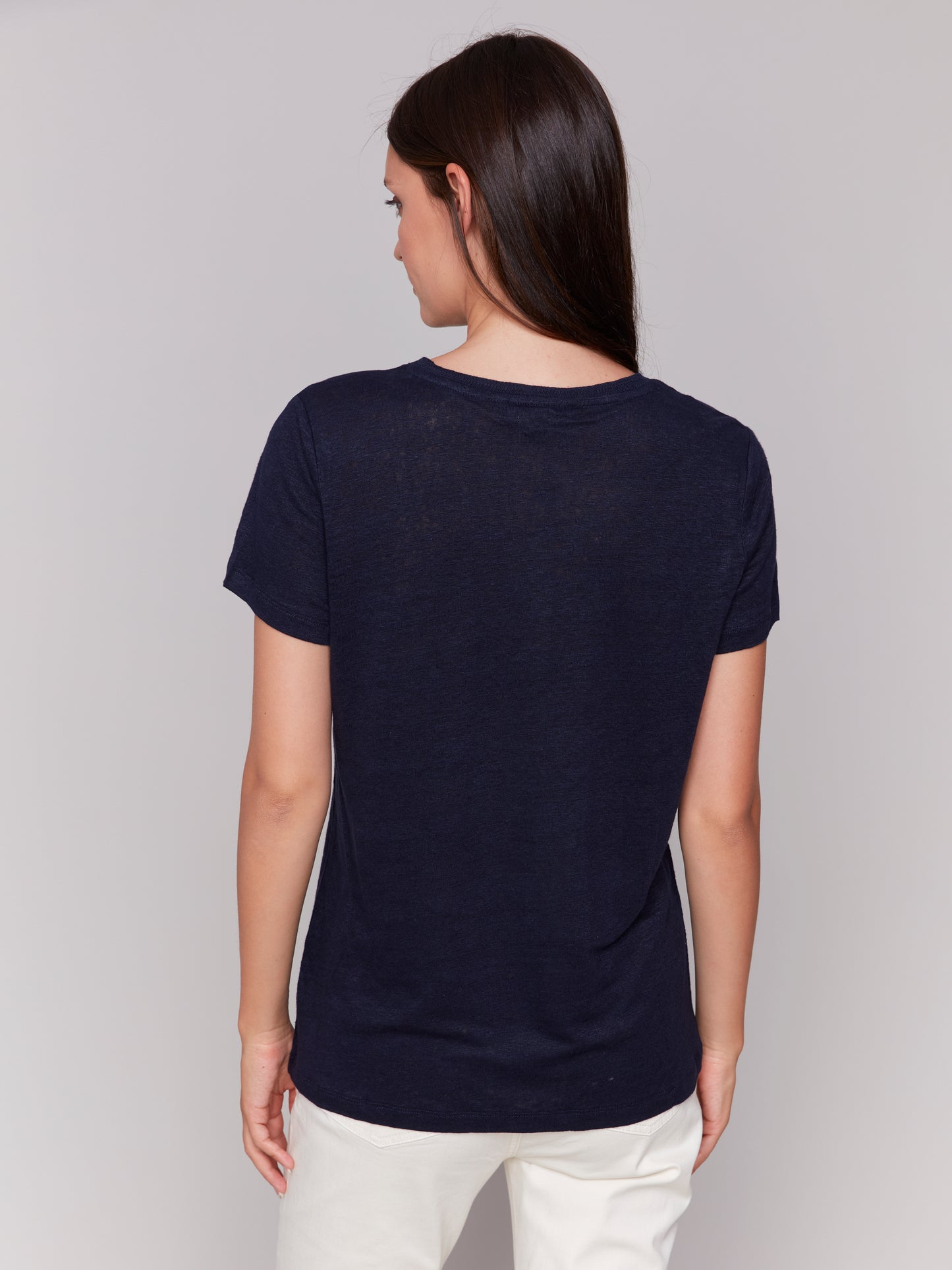 Charlie B Linen Jersey Knit V-Neck T-Shirt Navy C1231TPK-291C-117