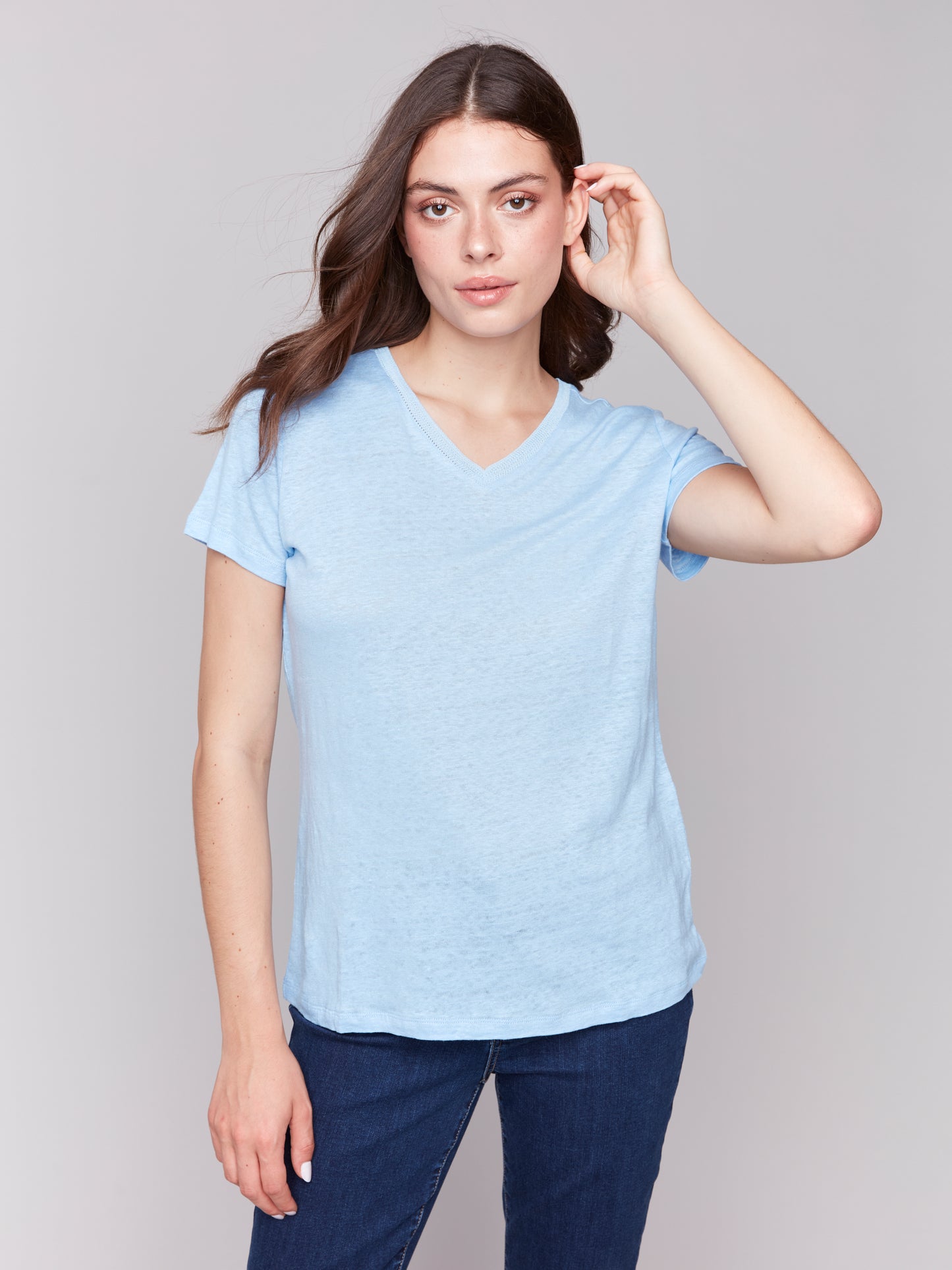 Charlie B Linen Jersey Knit V-Neck T-Shirt Bluebell C1231TPK-291C-239