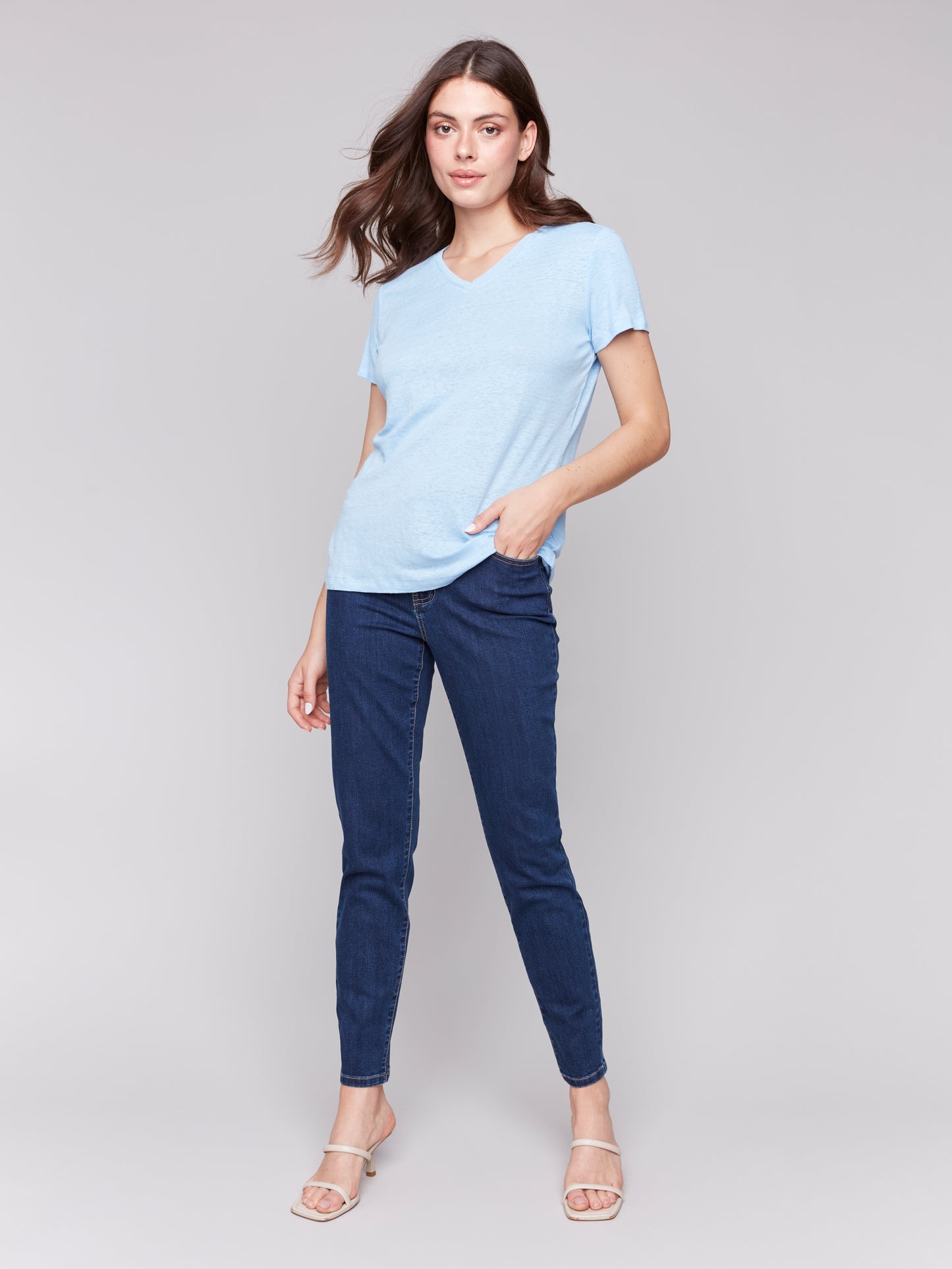 Charlie B Linen Jersey Knit V-Neck T-Shirt Bluebell C1231TPK-291C-239