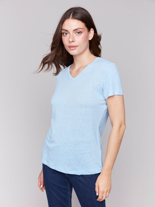 Charlie B Linen Jersey Knit V-Neck T-Shirt Bluebell C1231TPK-291C-239