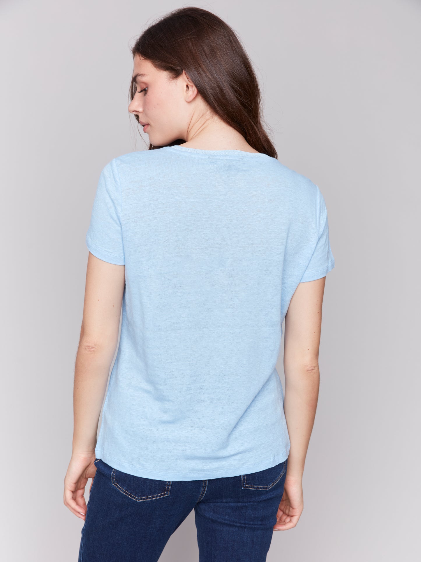 Charlie B Linen Jersey Knit V-Neck T-Shirt Bluebell C1231TPK-291C-239
