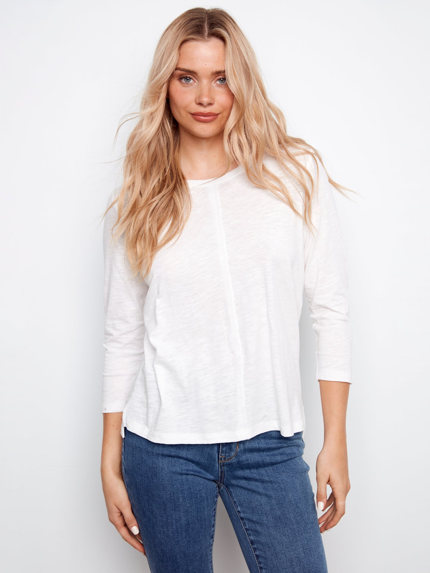 Charlie B 3/4 Sleeve Organic Cotton Jersey Top White C1293TPK-463B-002