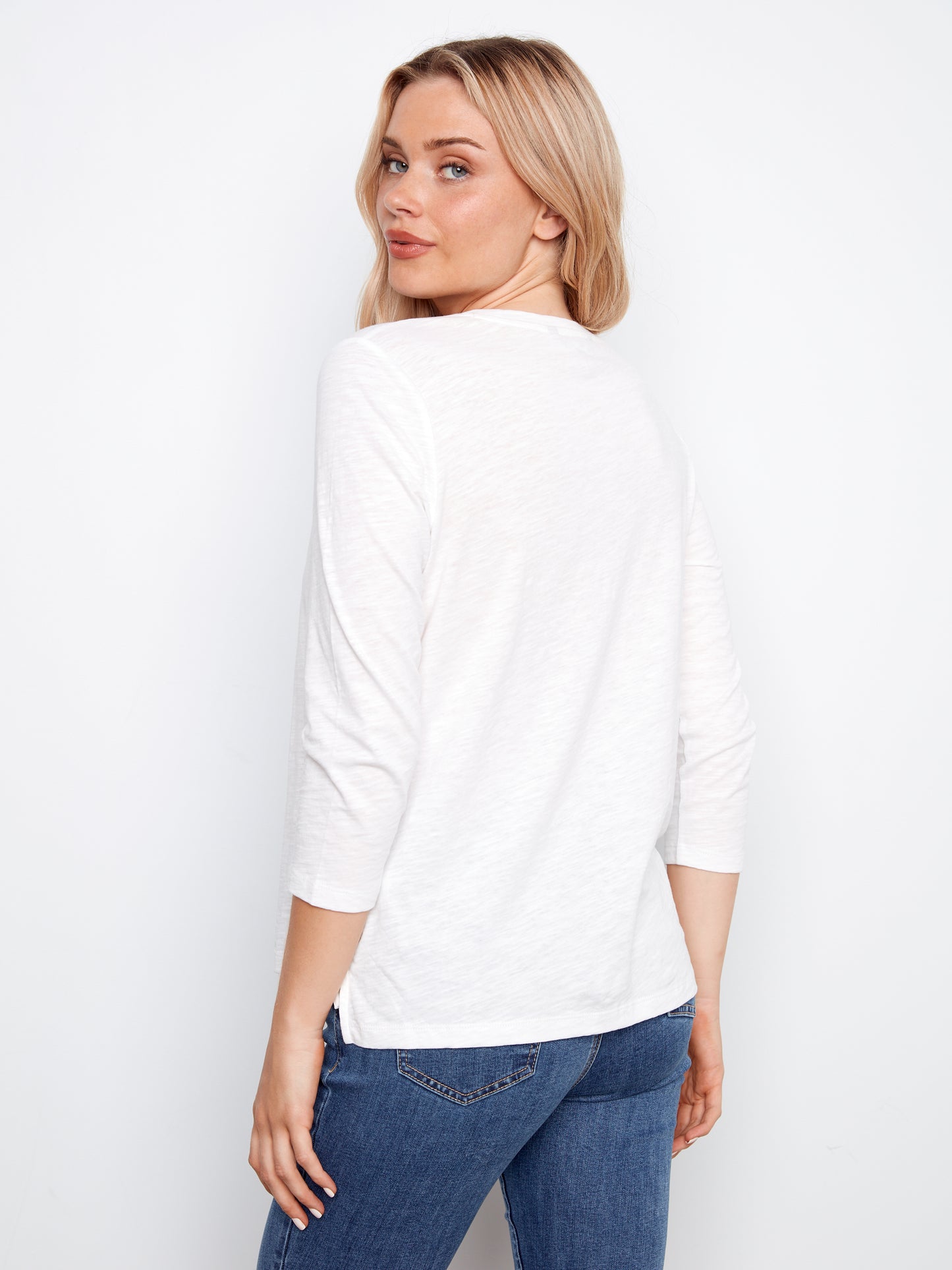 Charlie B 3/4 Sleeve Organic Cotton Jersey Top White C1293TPK-463B-002