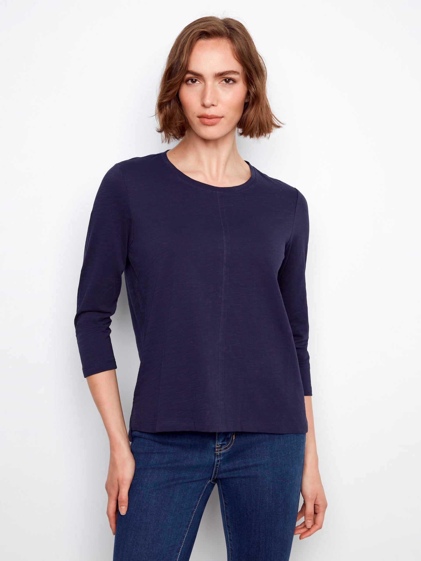 Charlie B 3/4 Sleeve Organic Cotton Jersey Top Navy C1293TPK-463B-117