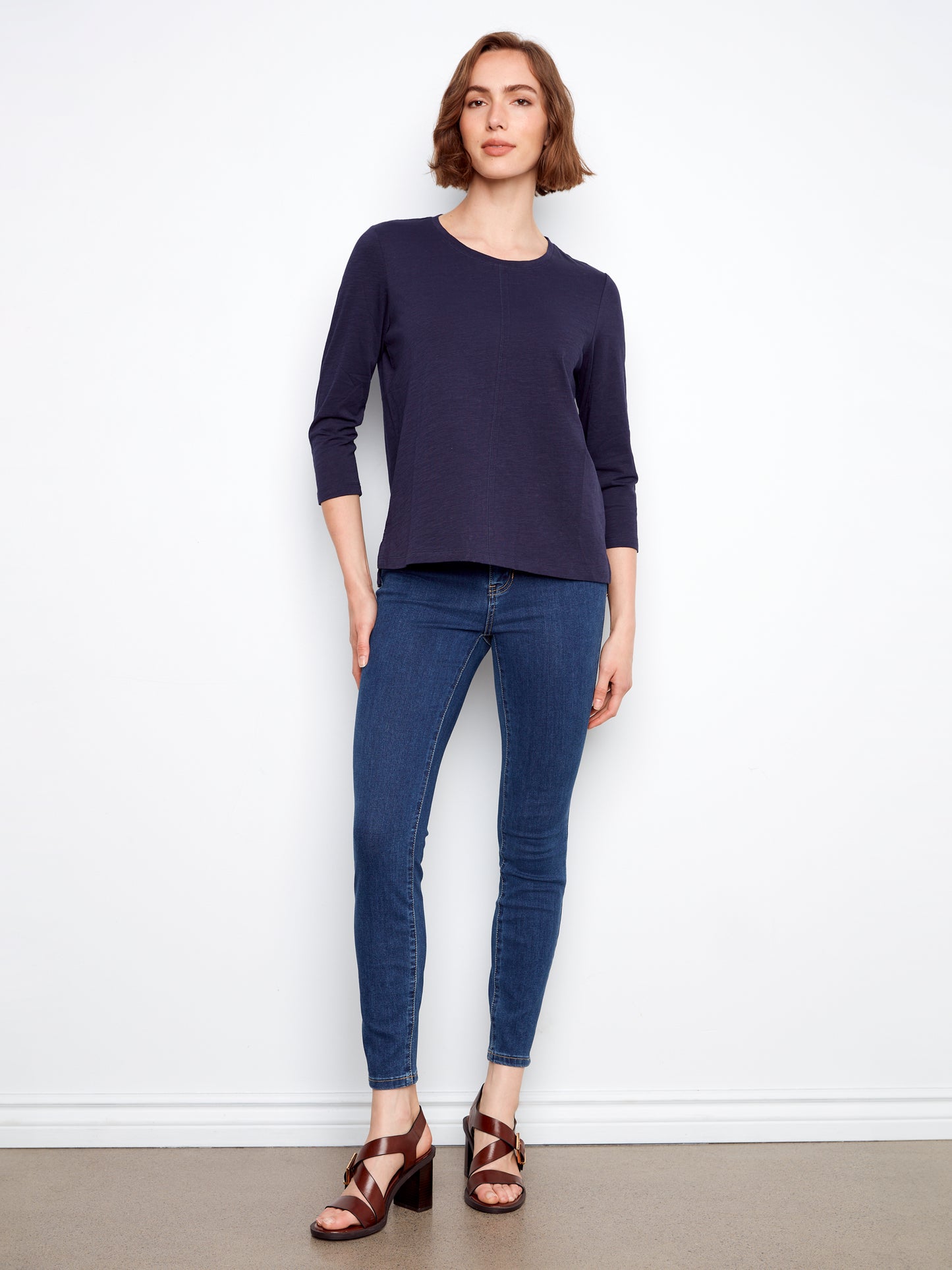 Charlie B 3/4 Sleeve Organic Cotton Jersey Top Navy C1293TPK-463B-117