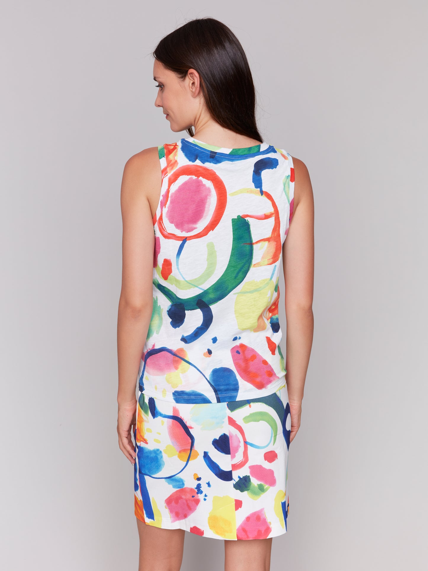 Charlie B Printed Sleeveless Top w/Knot Detail Abstract C1365HPK-463B-P634