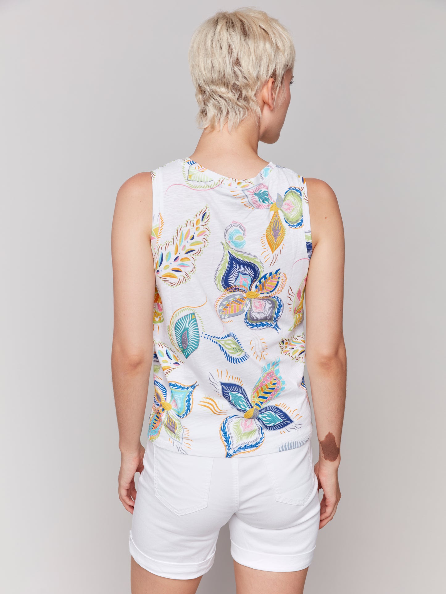 Charlie B Printed Sleeveless Top w/Knot Detail Feathers C1365HPK-463B-P825