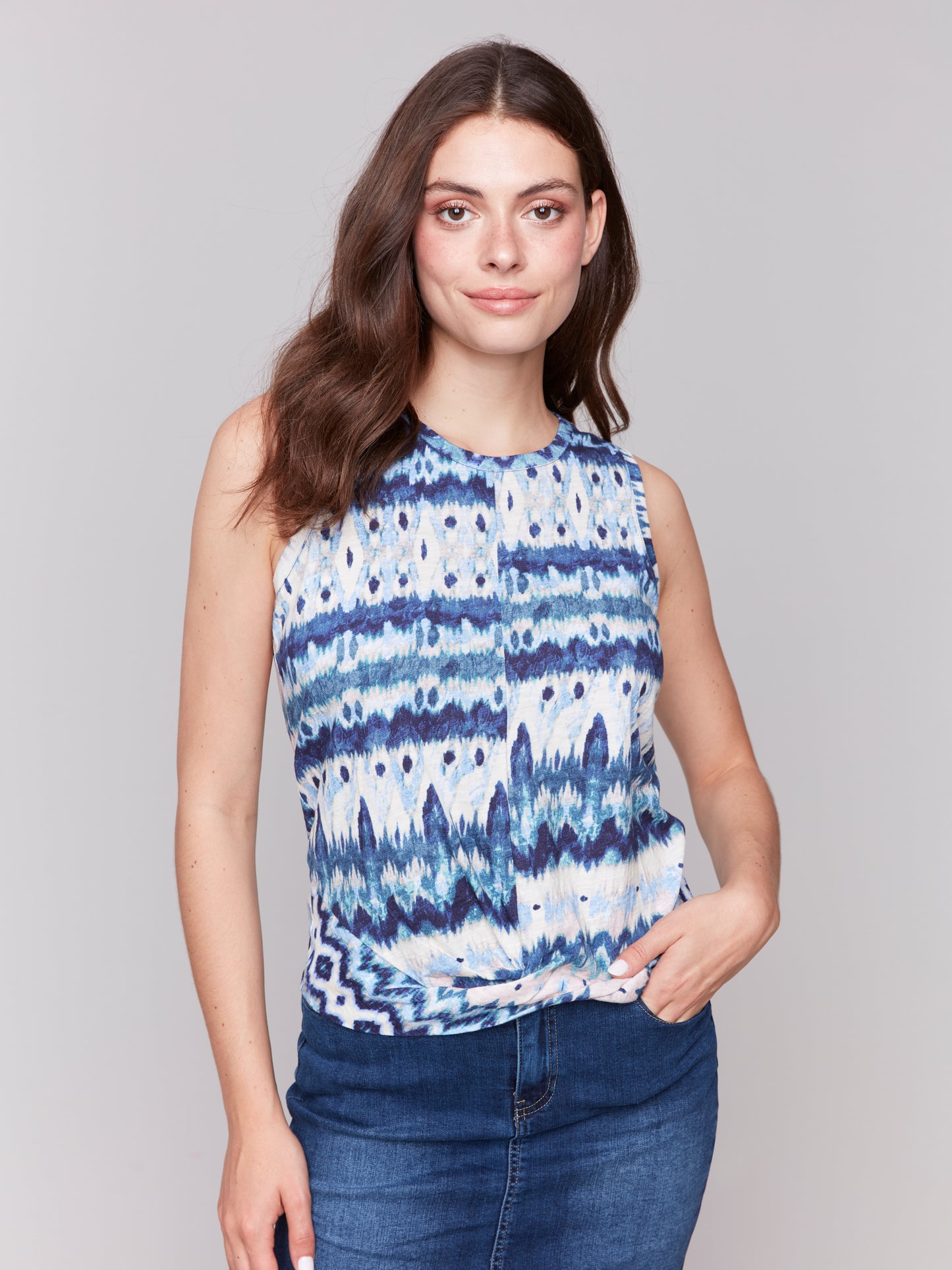 Charlie B Printed Cotton Slub Tank Top w/Knot Detail Lake Tahoe C1365QPK-075B-P859