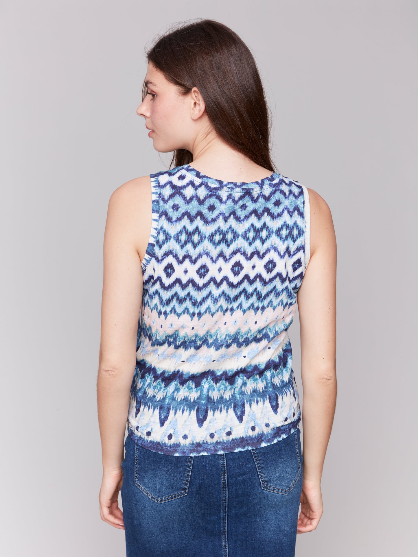 Charlie B Printed Cotton Slub Tank Top w/Knot Detail Lake Tahoe C1365QPK-075B-P859