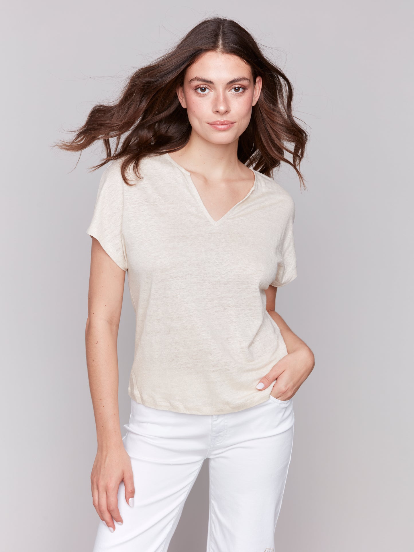 Charlie B Foil Print Short Sleeve Dolman Top Champagne C1396PK-253C-249