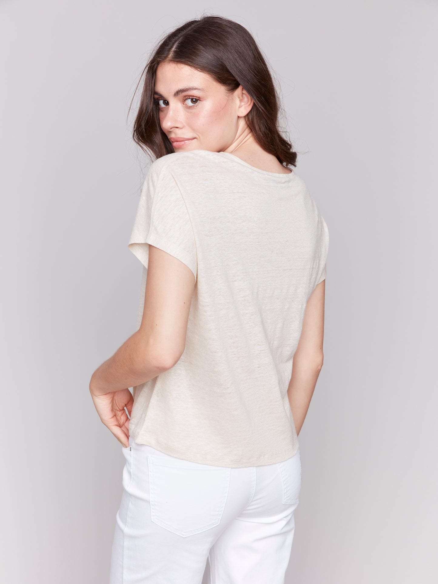 Charlie B Foil Print Short Sleeve Dolman Top Champagne C1396PK-253C-249