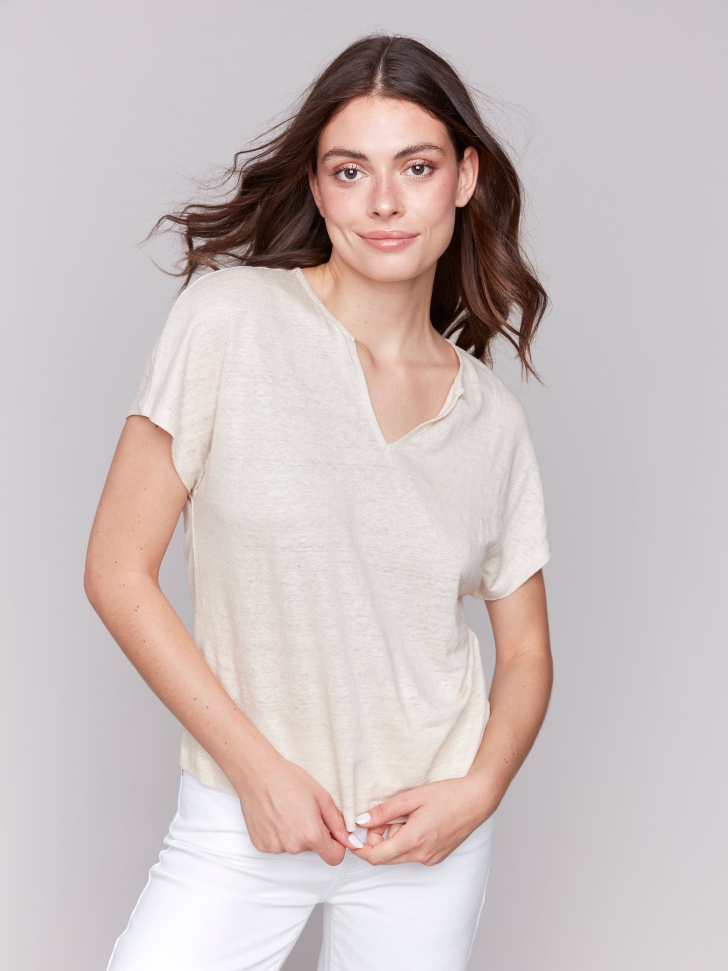 Charlie B Foil Print Short Sleeve Dolman Top Champagne C1396PK-253C-249