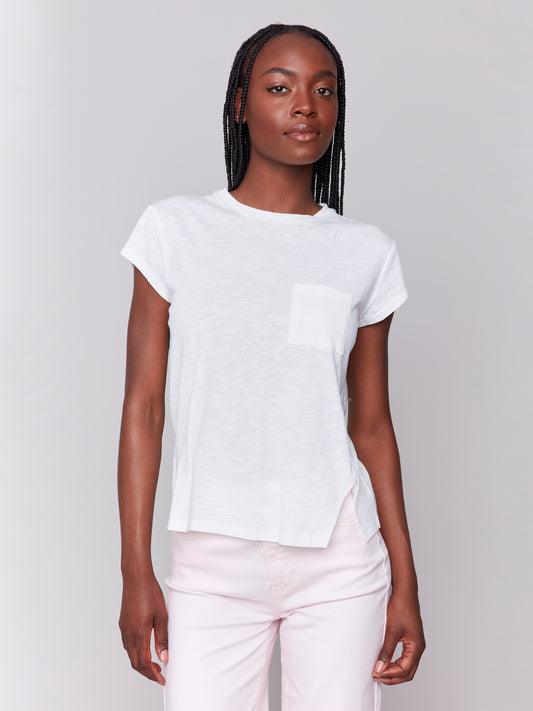 Charlie B Cap Sleeve Tee w/Chest Pocket Detail White C1399PK-463B-002