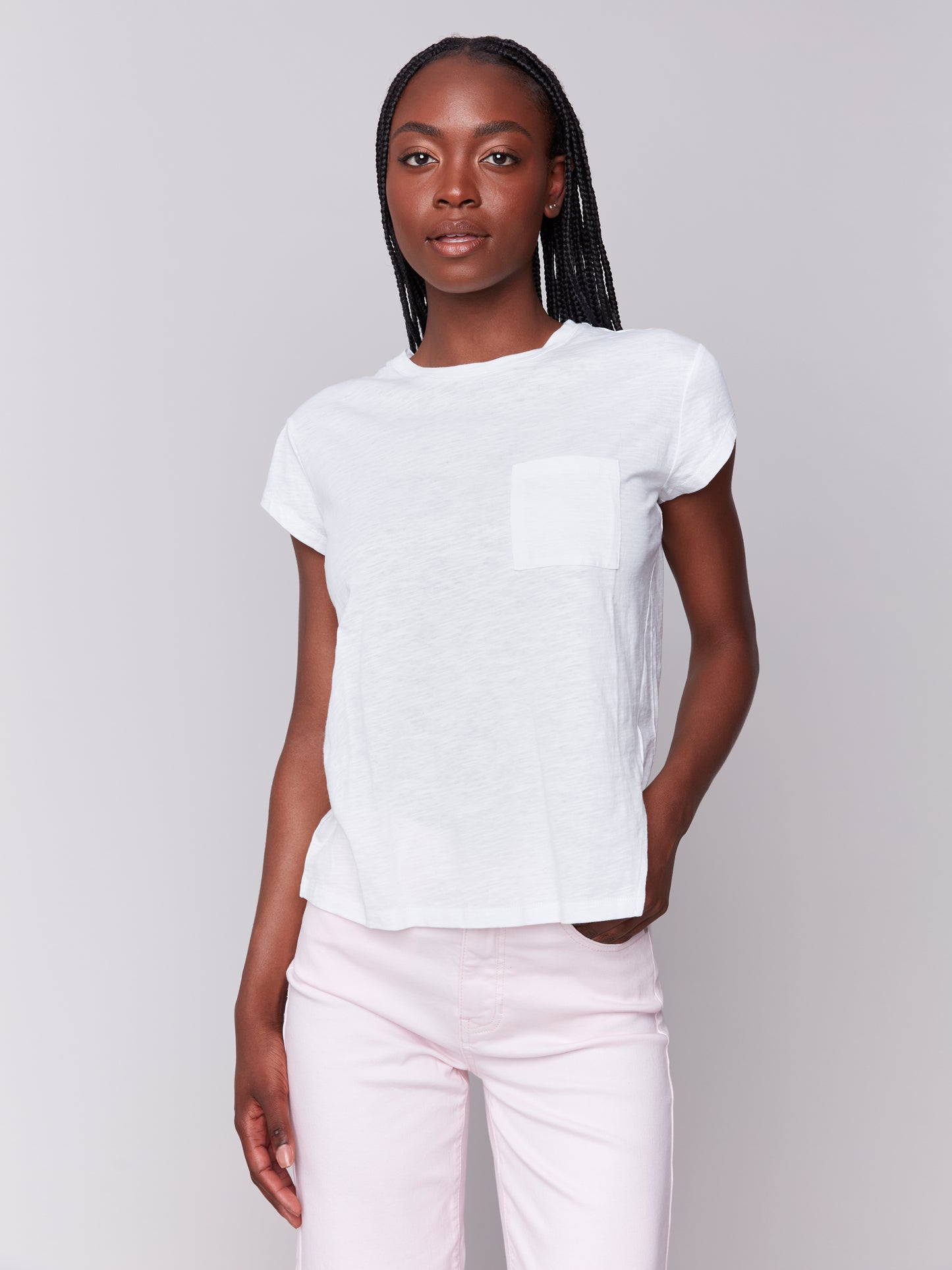 Charlie B Cap Sleeve Tee w/Chest Pocket Detail White C1399PK-463B-002