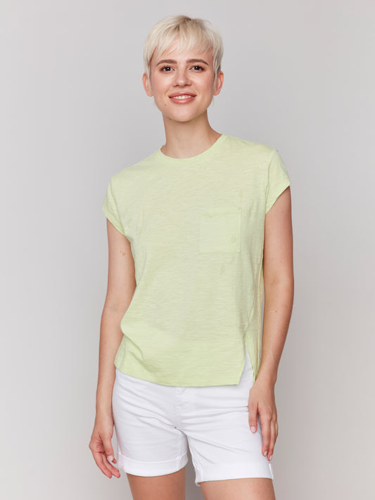Charlie B Cap Sleeve Tee w/Chest Pocket Detail Keylime C1399PK-463B-015