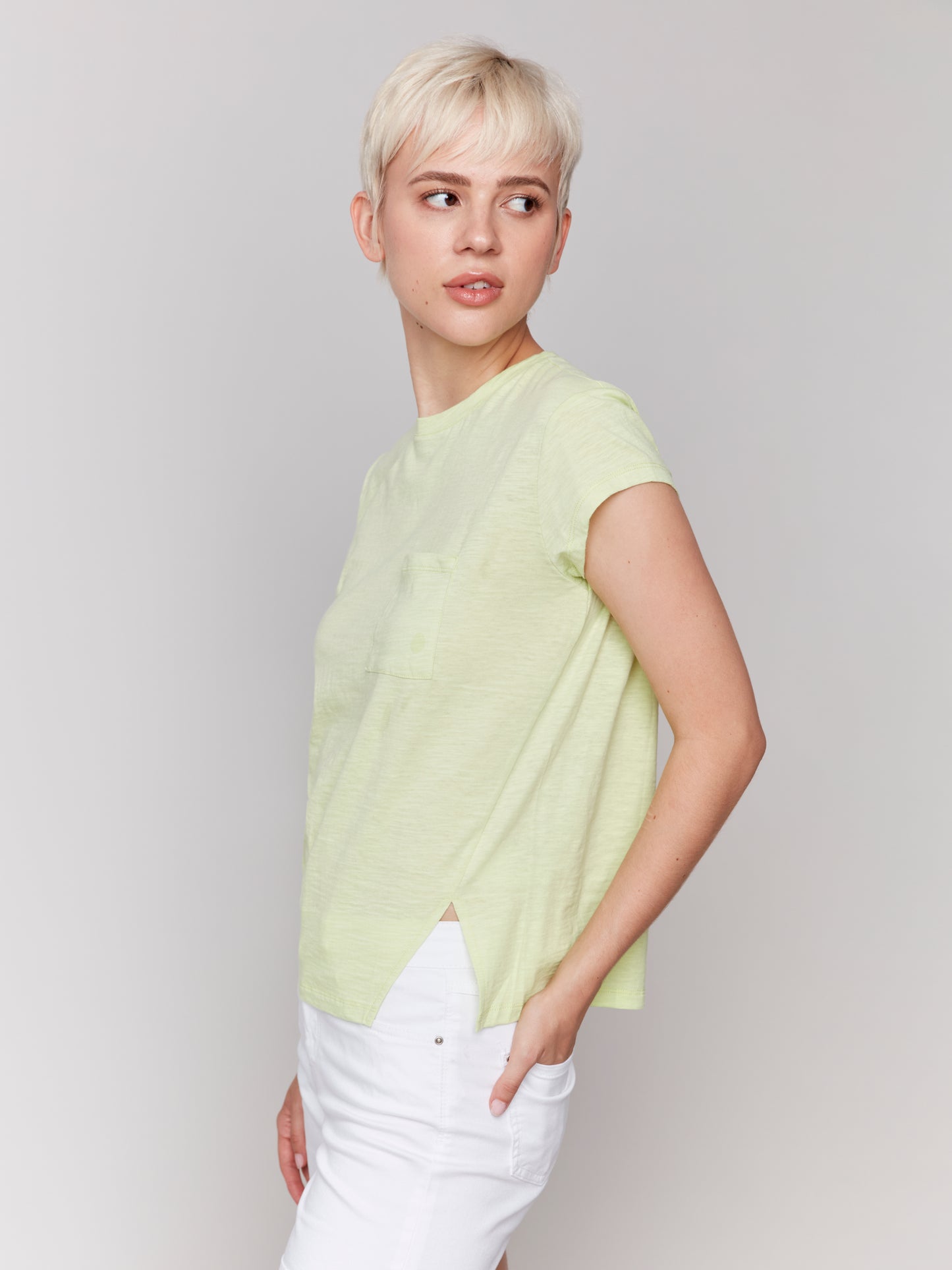 Charlie B Cap Sleeve Tee w/Chest Pocket Detail Keylime C1399PK-463B-015