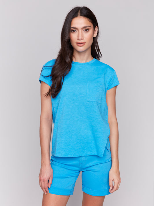 Charlie B Cap Sleeve Tee w/Chest Pocket Detail Lagoon C1399PK-463B-057