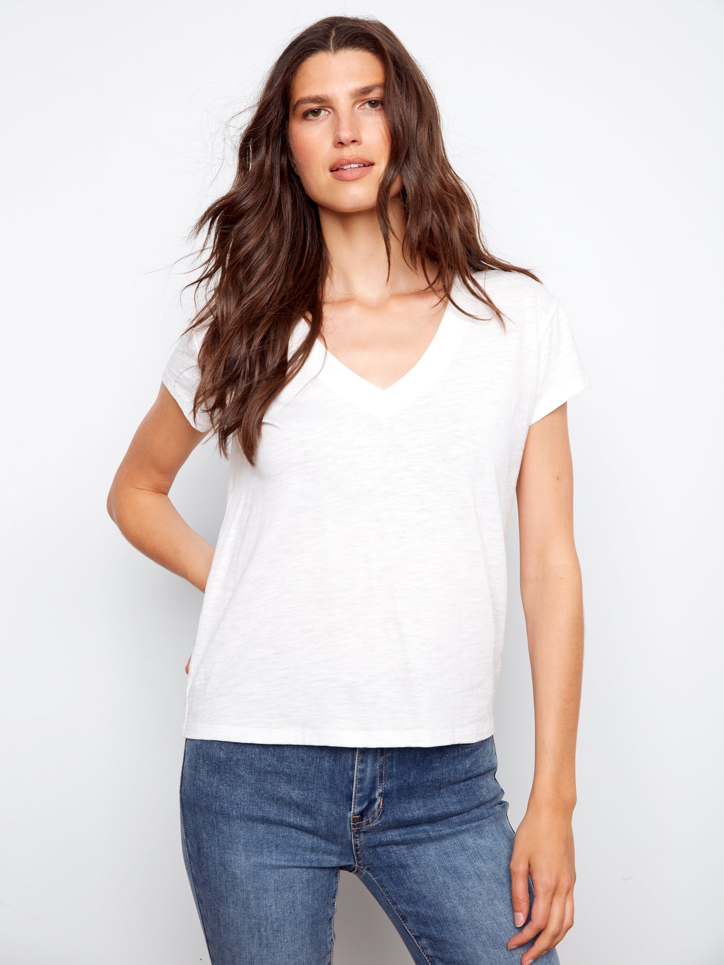 Charlie B Organic Cotton Drop Shoulder V-Neck T-Shirt White C1428PK-463B-002