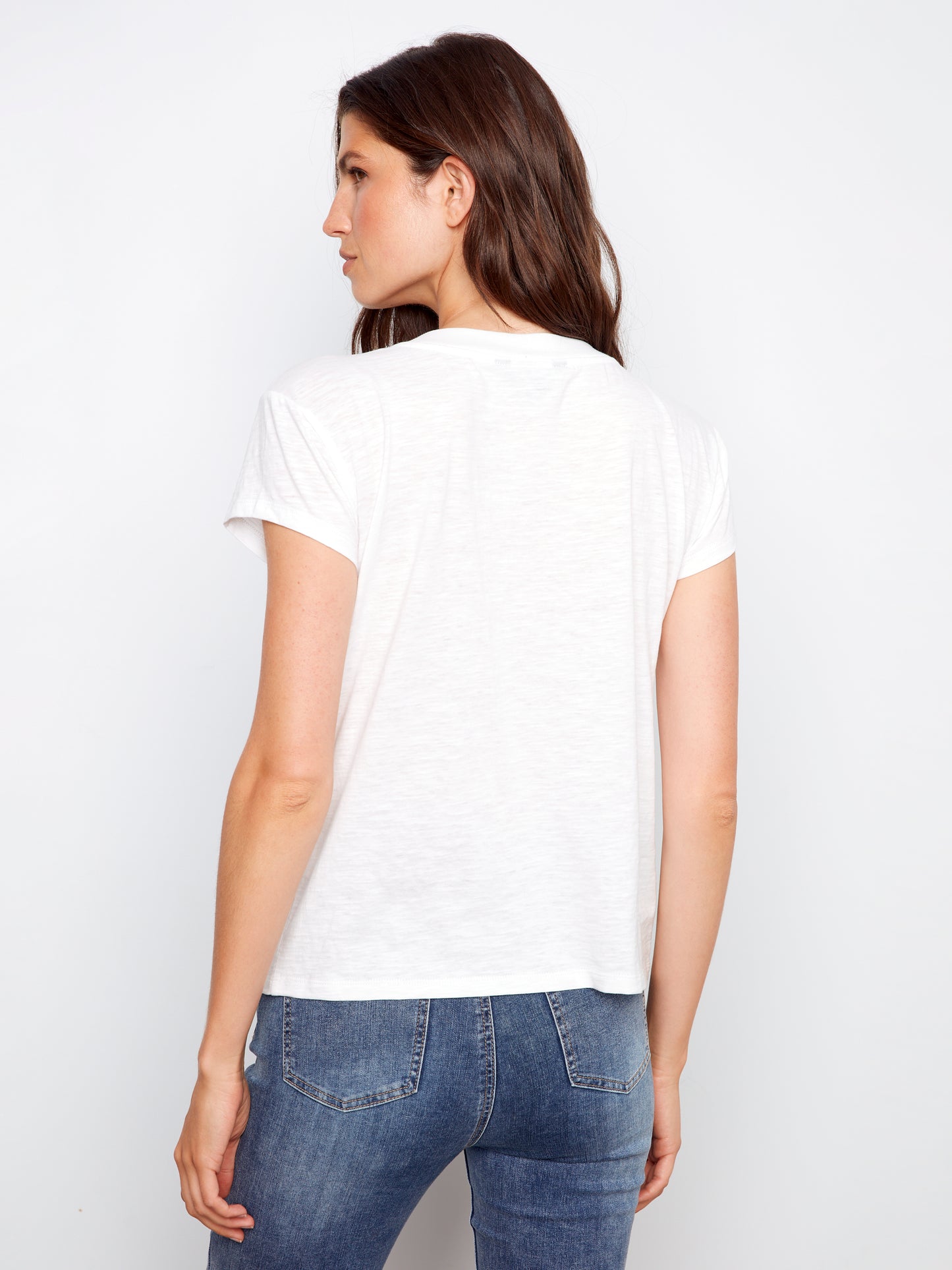 Charlie B Organic Cotton Drop Shoulder V-Neck T-Shirt White C1428PK-463B-002