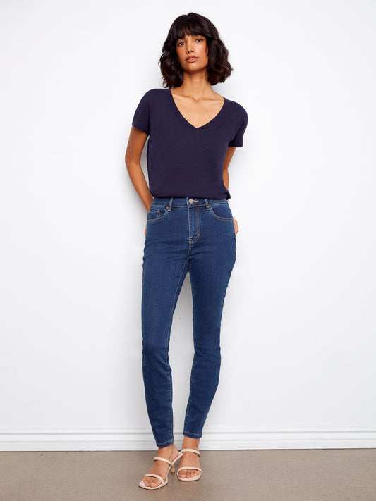 Charlie B Organic Cotton Drop Shoulder V-Neck T-Shirt Navy C1428PK-463B-117