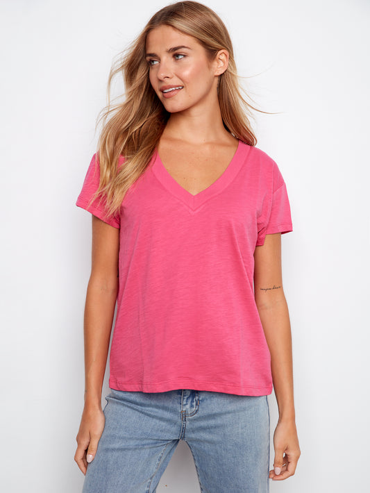 Charlie B Organic Cotton Drop Shoulder V-Neck T-Shirt Fuchsia C1428PK-463B-377