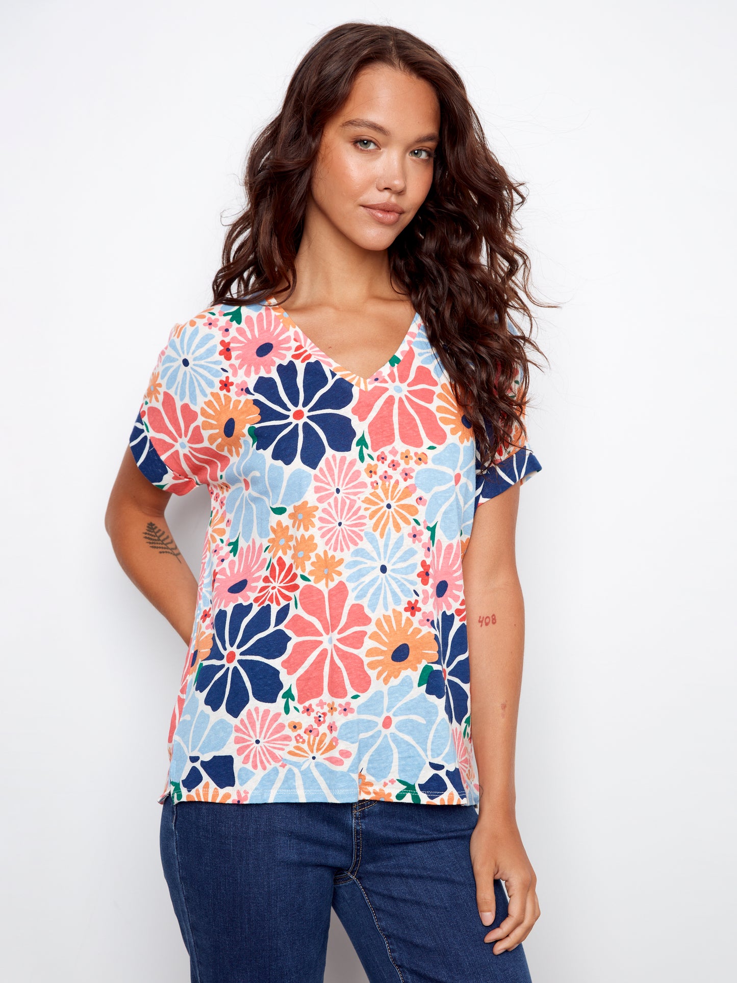 Charlie B Printed Short Sleeve V-Neck T-Shirt Retro C1439PK-258C-P203