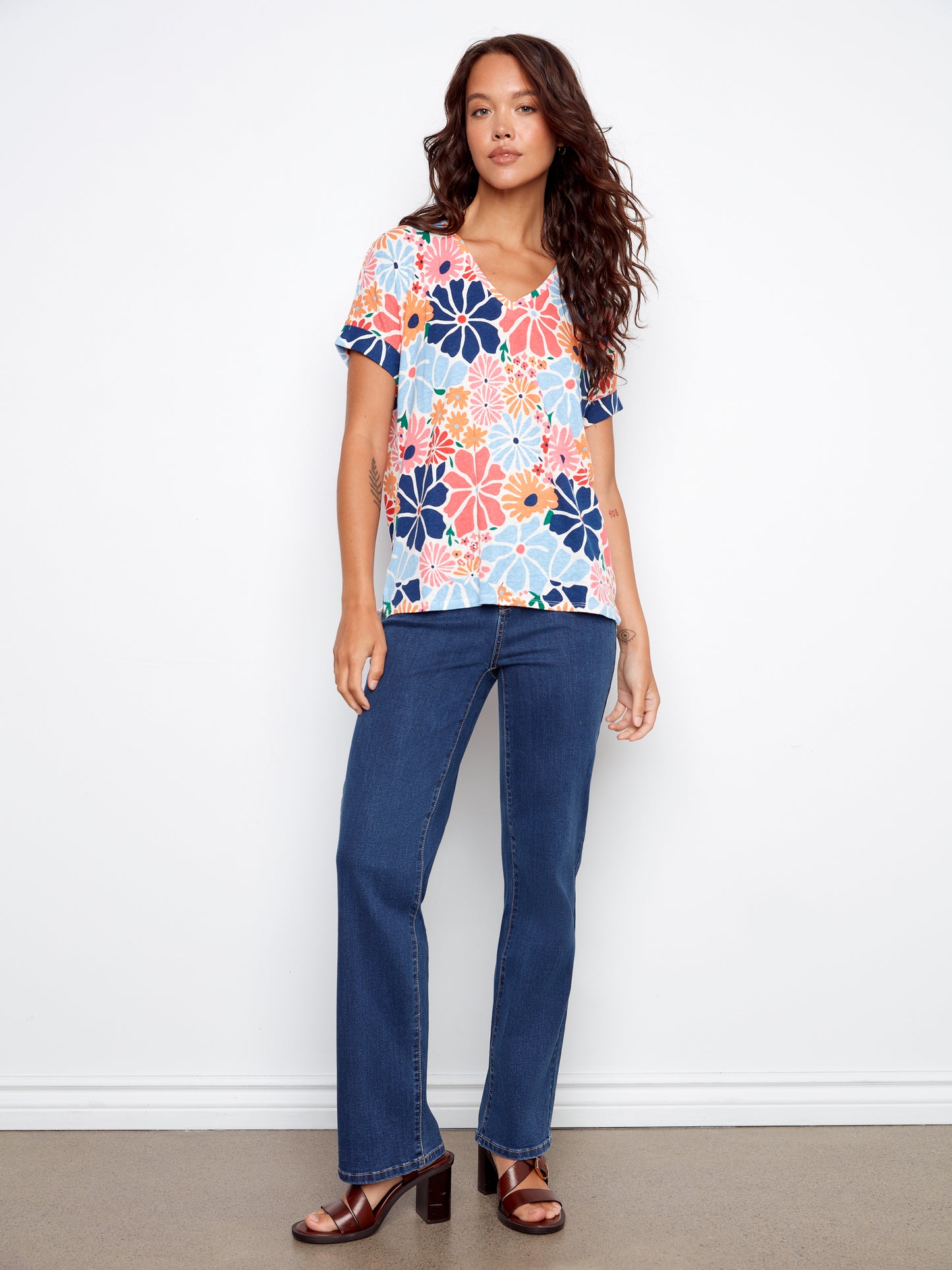 Charlie B Printed Short Sleeve V-Neck T-Shirt Retro C1439PK-258C-P203