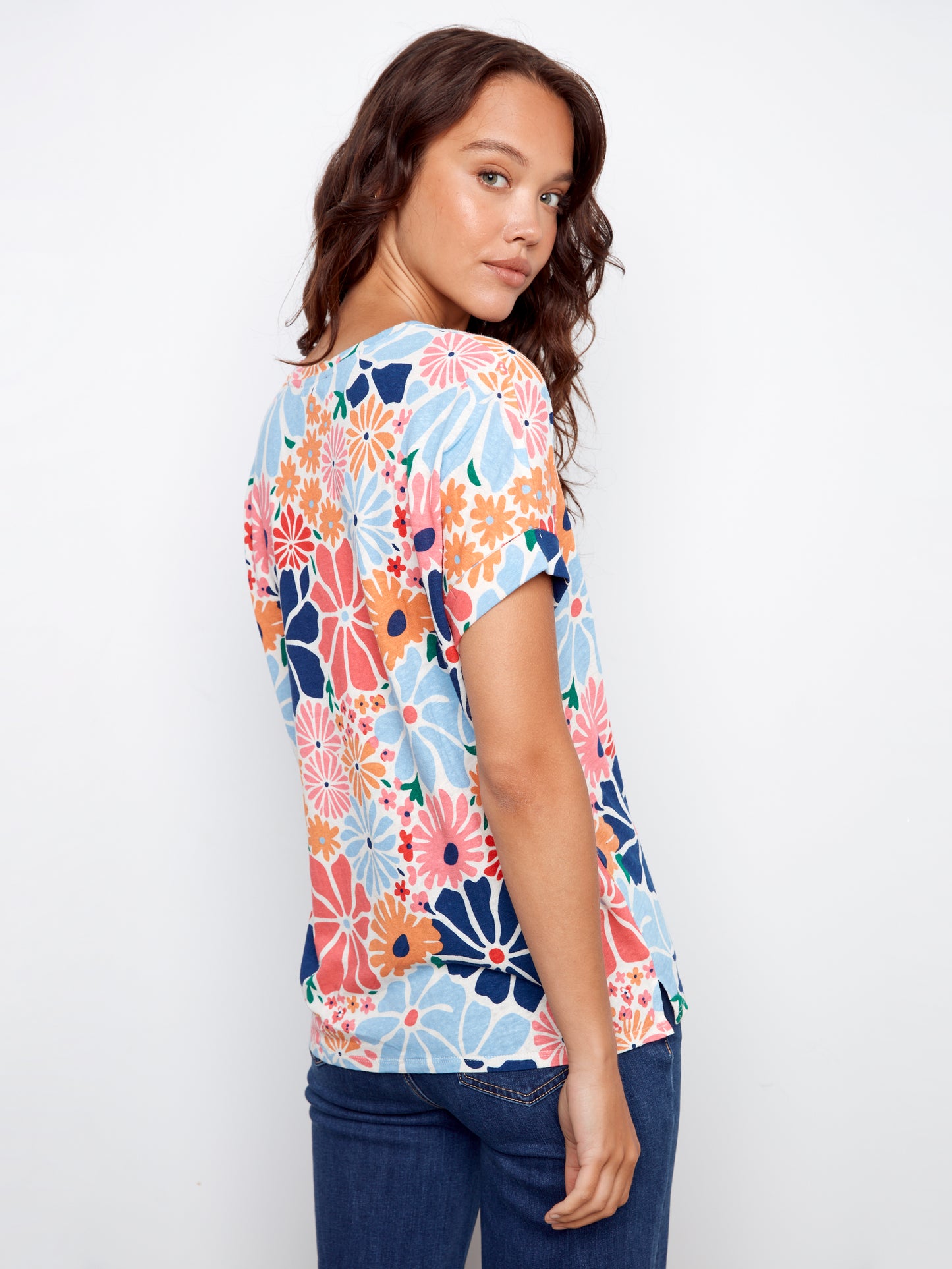 Charlie B Printed Short Sleeve V-Neck T-Shirt Retro C1439PK-258C-P203