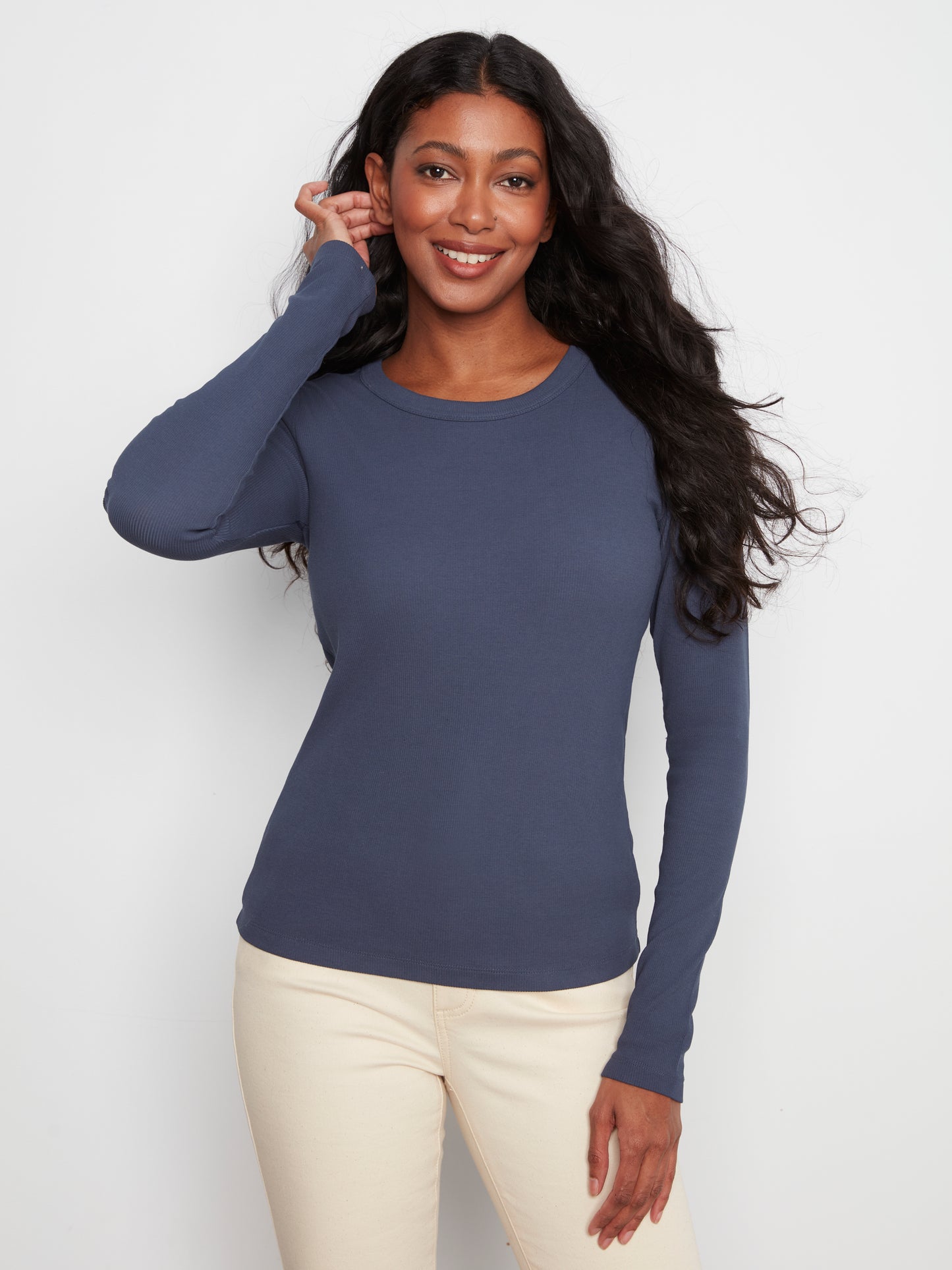 Charlie B Tencel Rib L/S Crew Neck Top Midnight C1448PK-549C-081