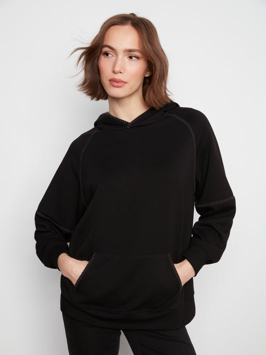 Charlie B Blanket Stitch Soft Scuba Hoodie Black C1456-479C-001