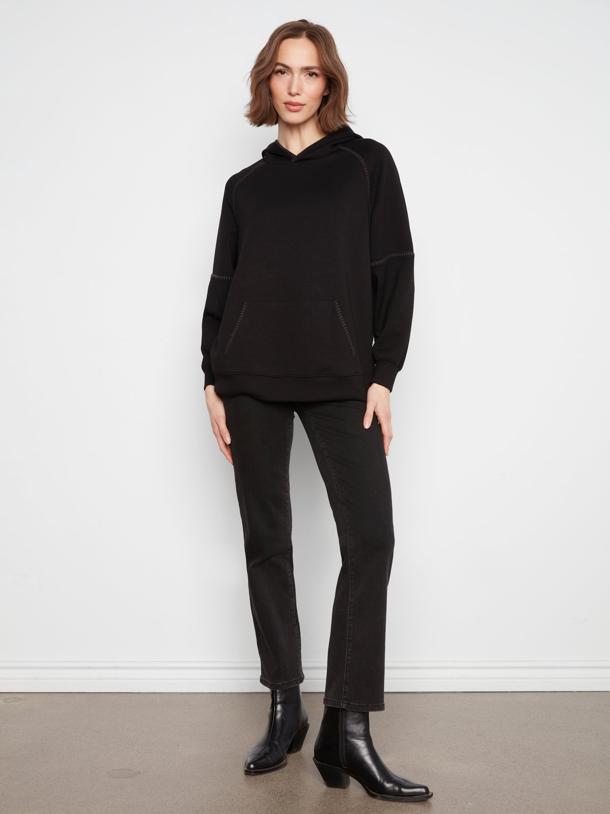 Charlie B Blanket Stitch Soft Scuba Hoodie Black C1456-479C-001