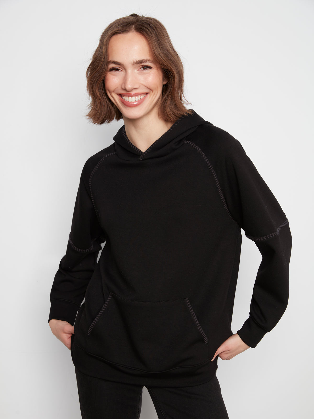 Charlie B Blanket Stitch Soft Scuba Hoodie Black C1456-479C-001