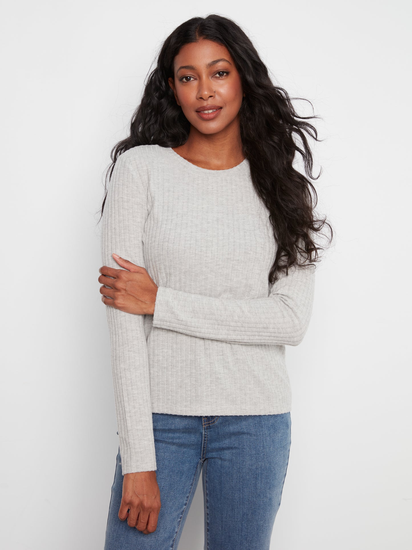 Charlie B Brushed Rib L/S Crew Neck Top Grey C1467PK-700C-008