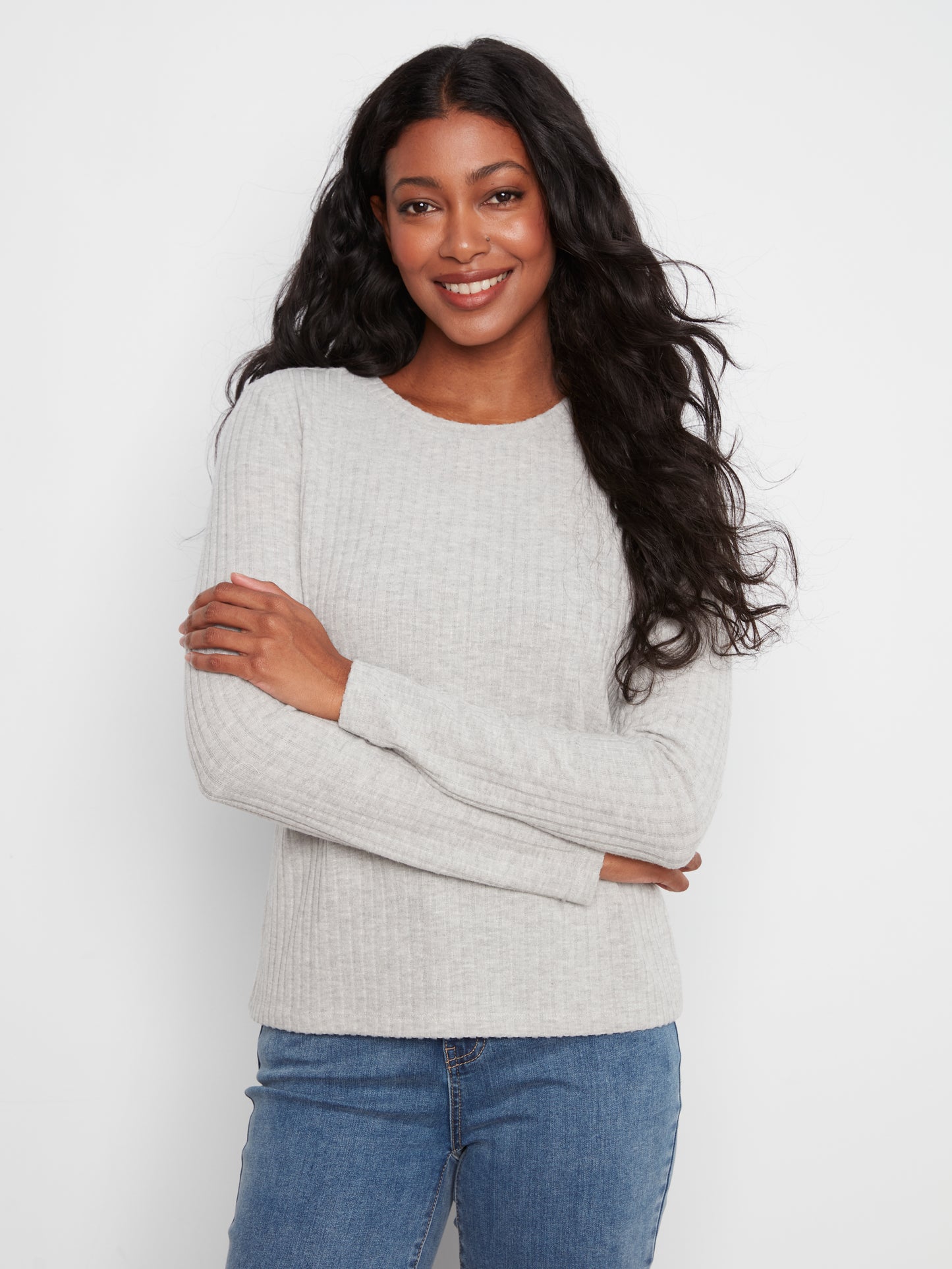 Charlie B Brushed Rib L/S Crew Neck Top Grey C1467PK-700C-008