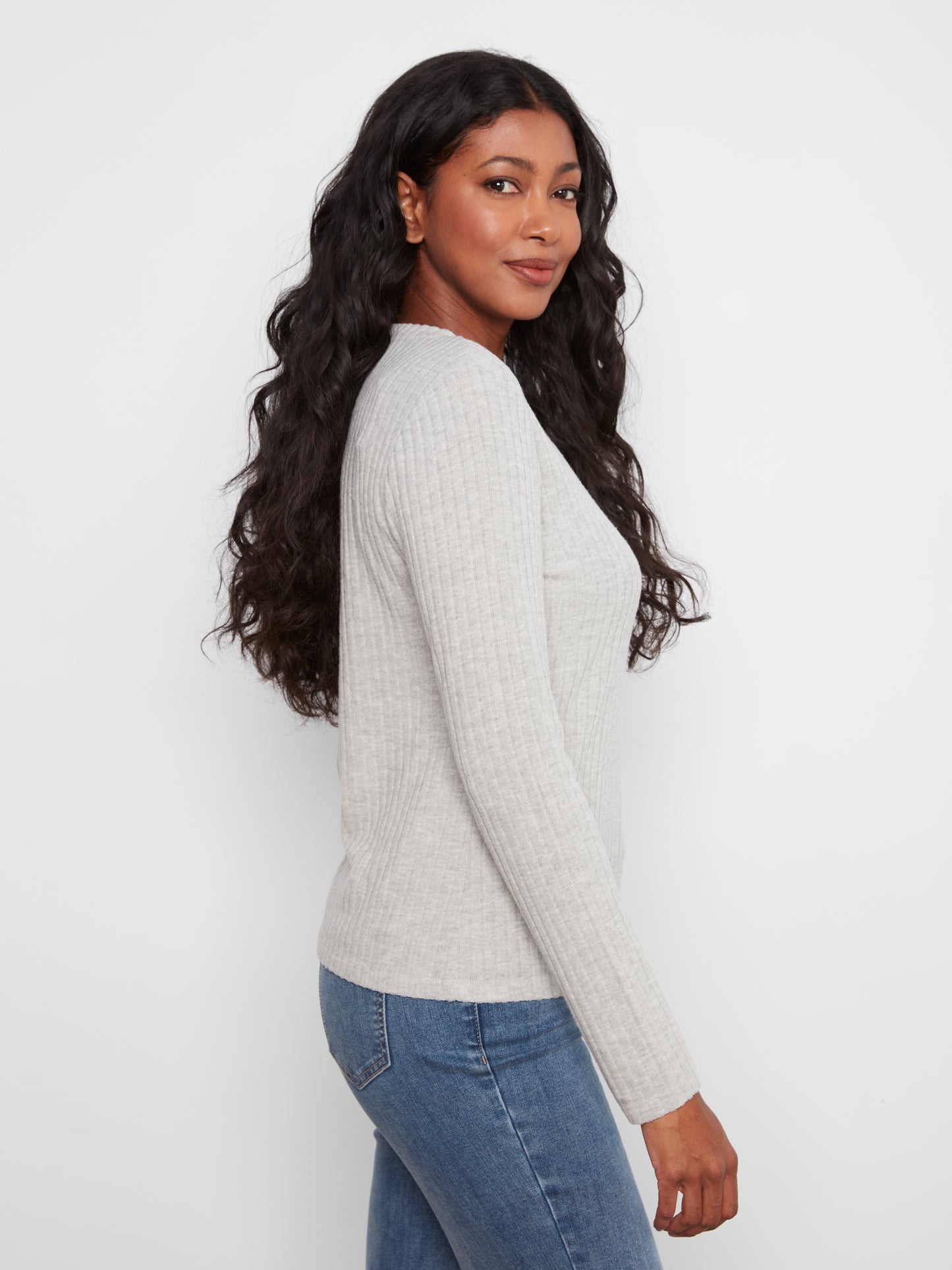 Charlie B Brushed Rib L/S Crew Neck Top Grey C1467PK-700C-008