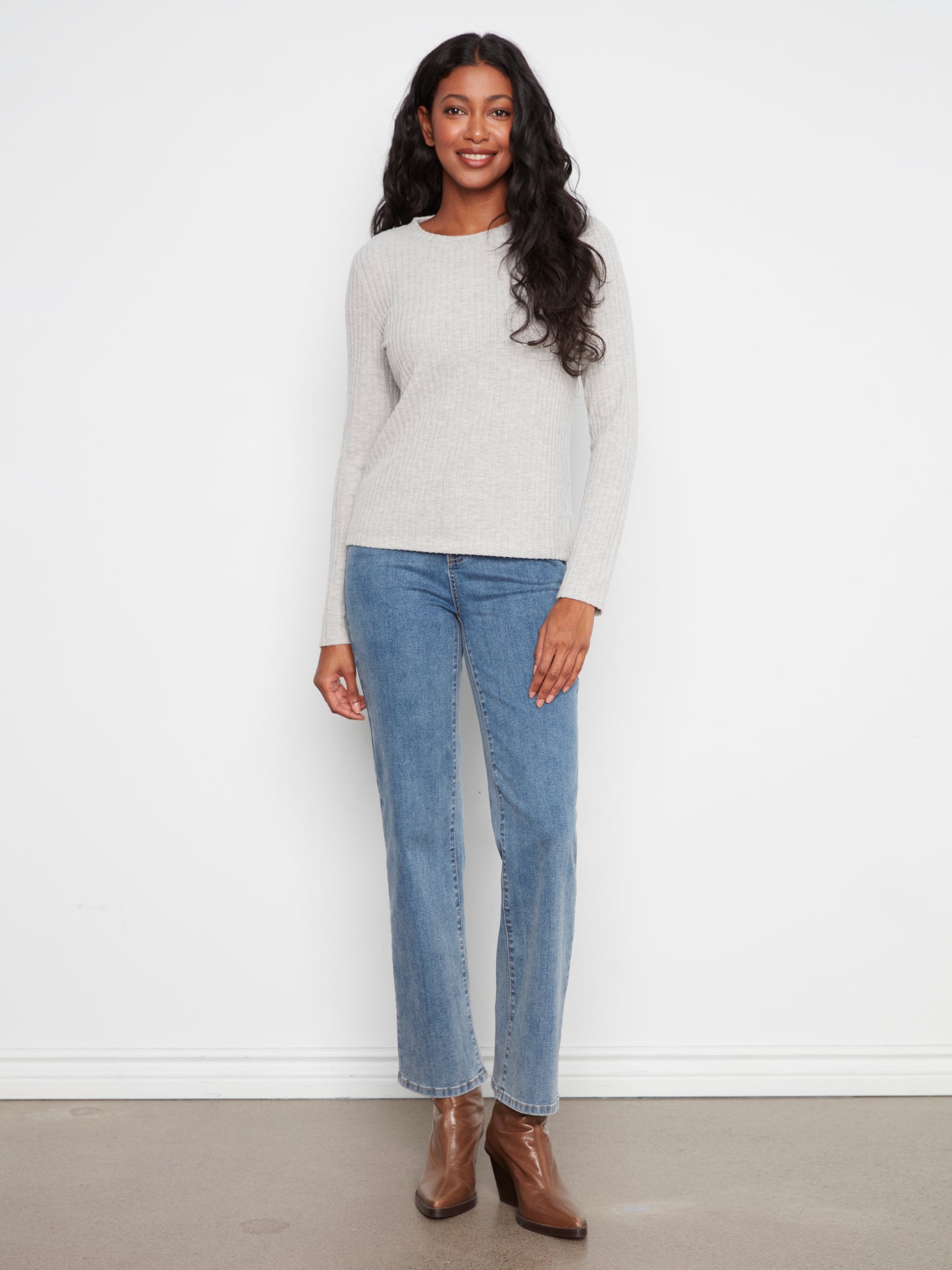 Charlie B Brushed Rib L/S Crew Neck Top Grey C1467PK-700C-008