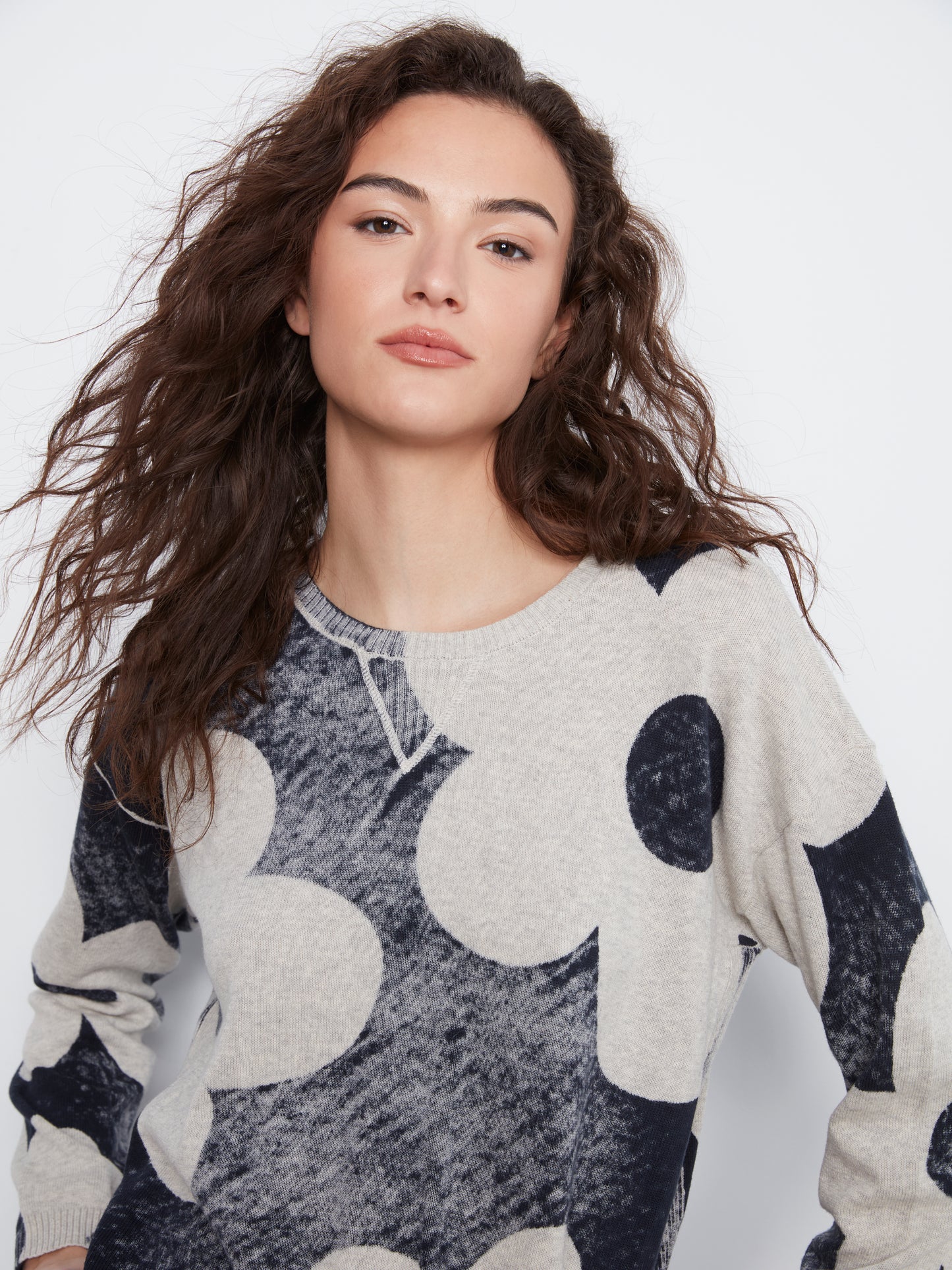 Charlie B L/S Crew Neck Rounded Hem Printed On Reverse Sweater Navy C2010P-261B-P117