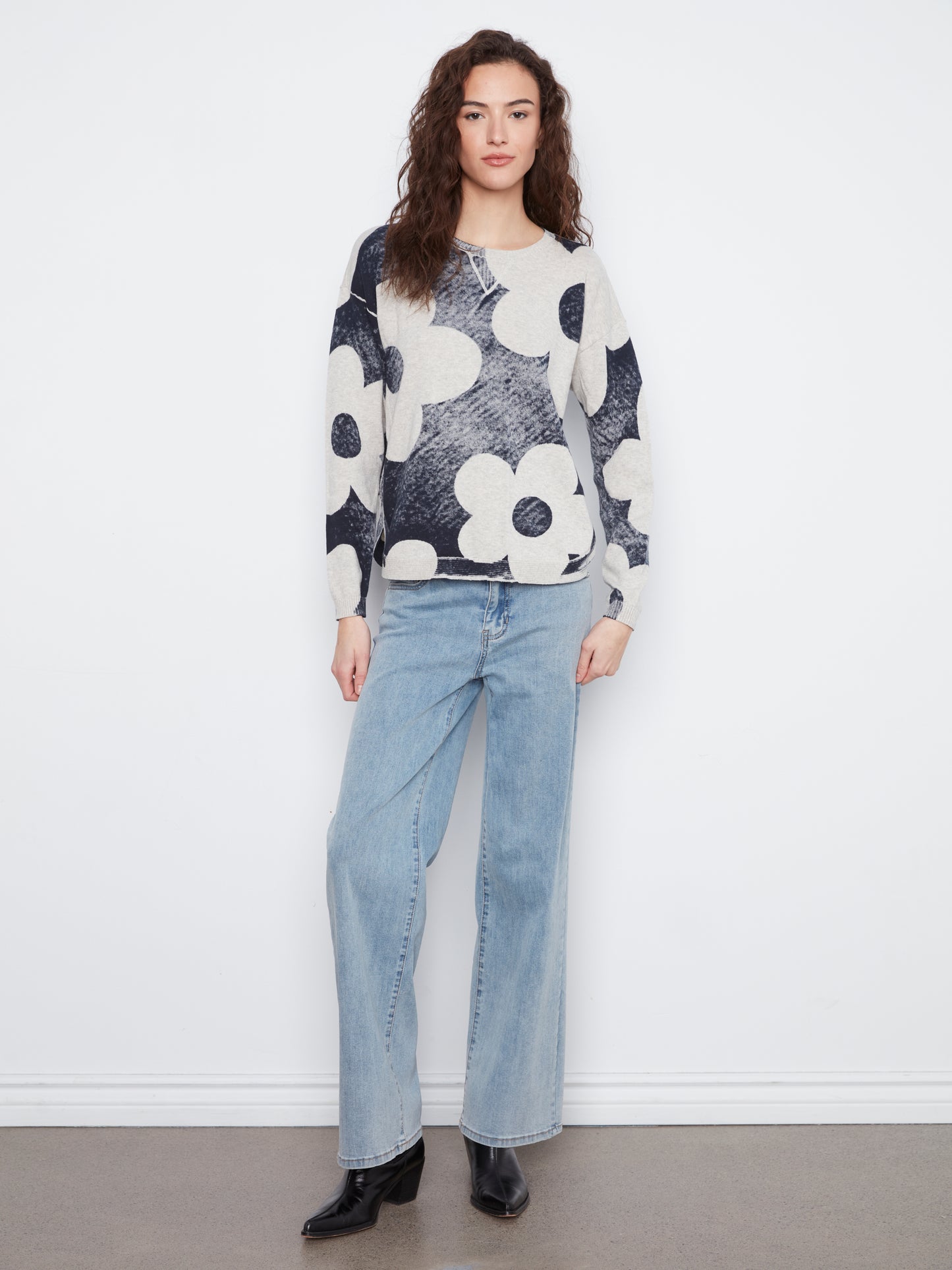 Charlie B L/S Crew Neck Rounded Hem Printed On Reverse Sweater Navy C2010P-261B-P117