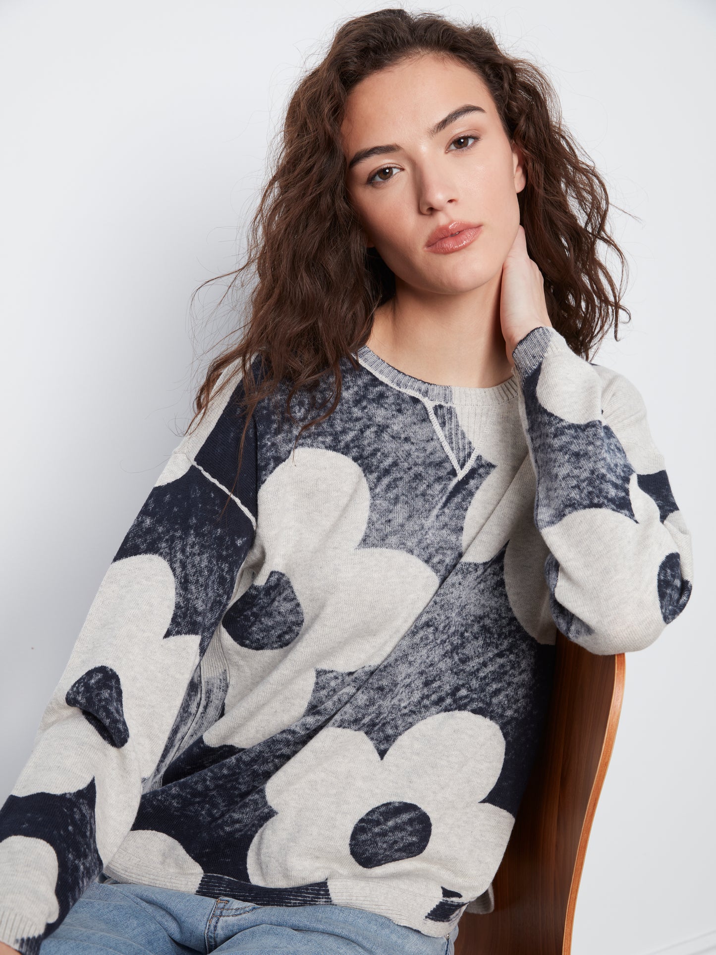 Charlie B L/S Crew Neck Rounded Hem Printed On Reverse Sweater Navy C2010P-261B-P117
