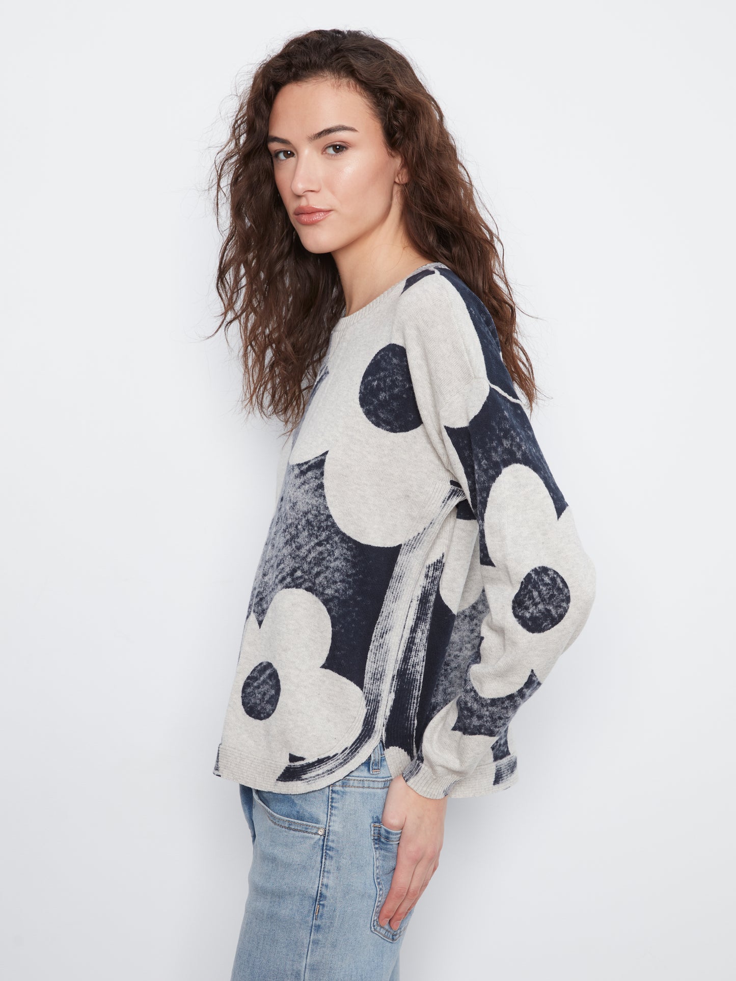 Charlie B L/S Crew Neck Rounded Hem Printed On Reverse Sweater Navy C2010P-261B-P117