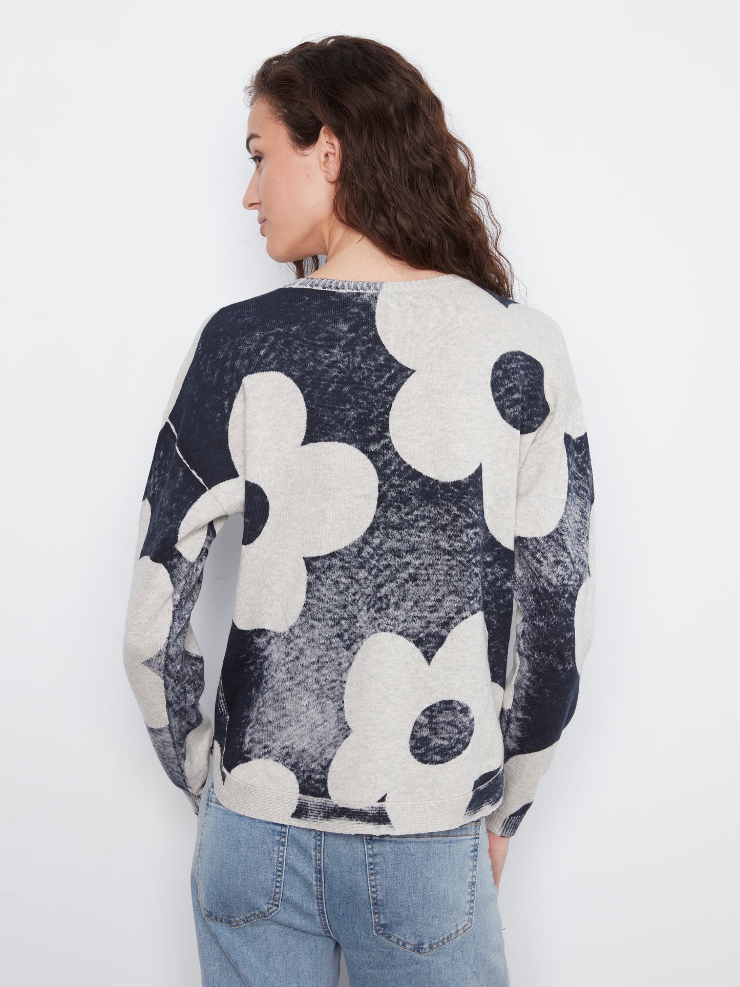 Charlie B L/S Crew Neck Rounded Hem Printed On Reverse Sweater Navy C2010P-261B-P117