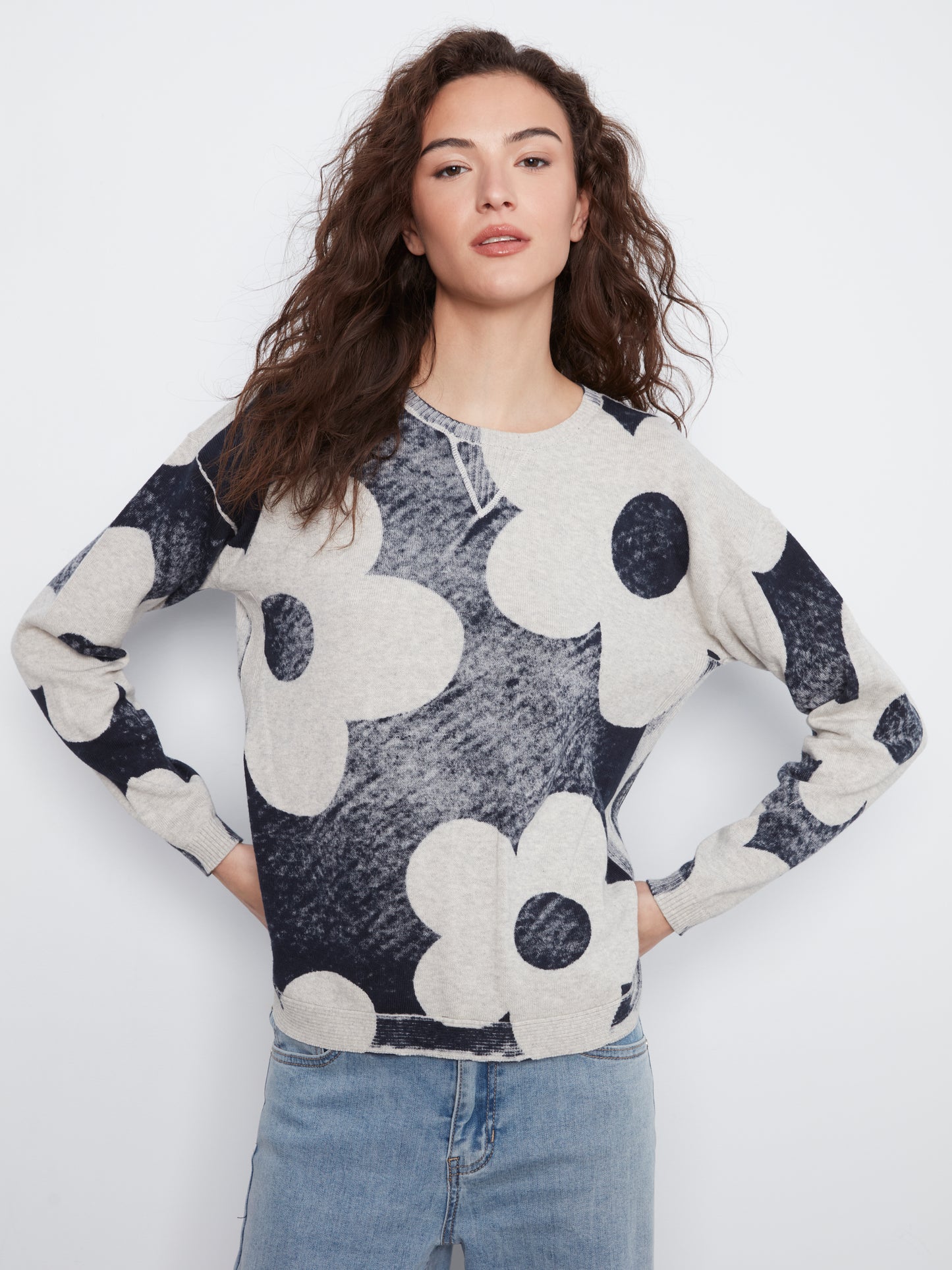 Charlie B L/S Crew Neck Rounded Hem Printed On Reverse Sweater Navy C2010P-261B-P117