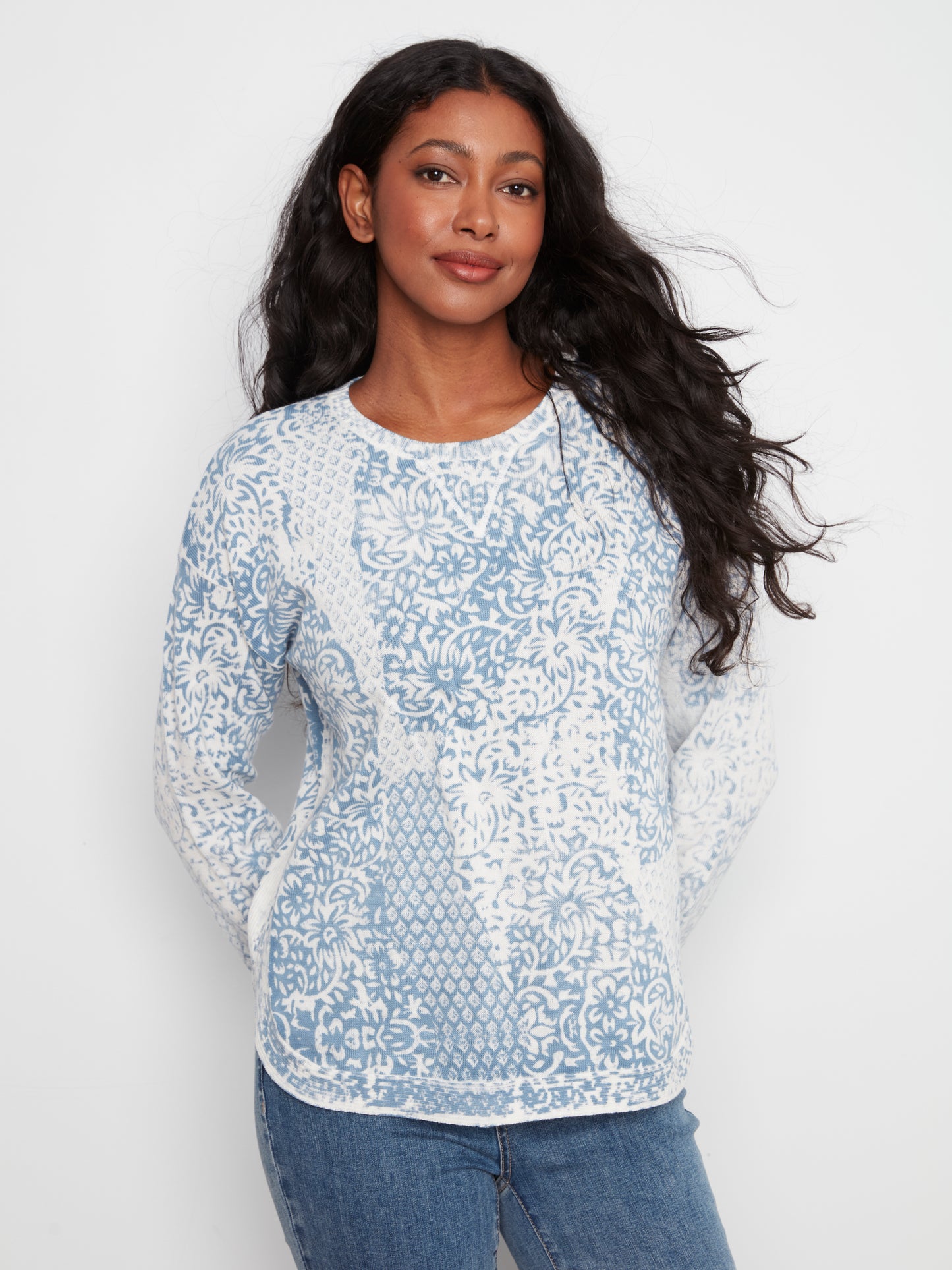 Charlie B L/S Crew Neck Rounded Hem Printed On Reverse Sweater Damask C2010P-261B-P636