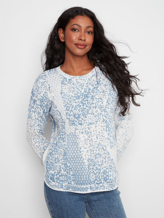 Charlie B L/S Crew Neck Rounded Hem Printed On Reverse Sweater Damask C2010P-261B-P636
