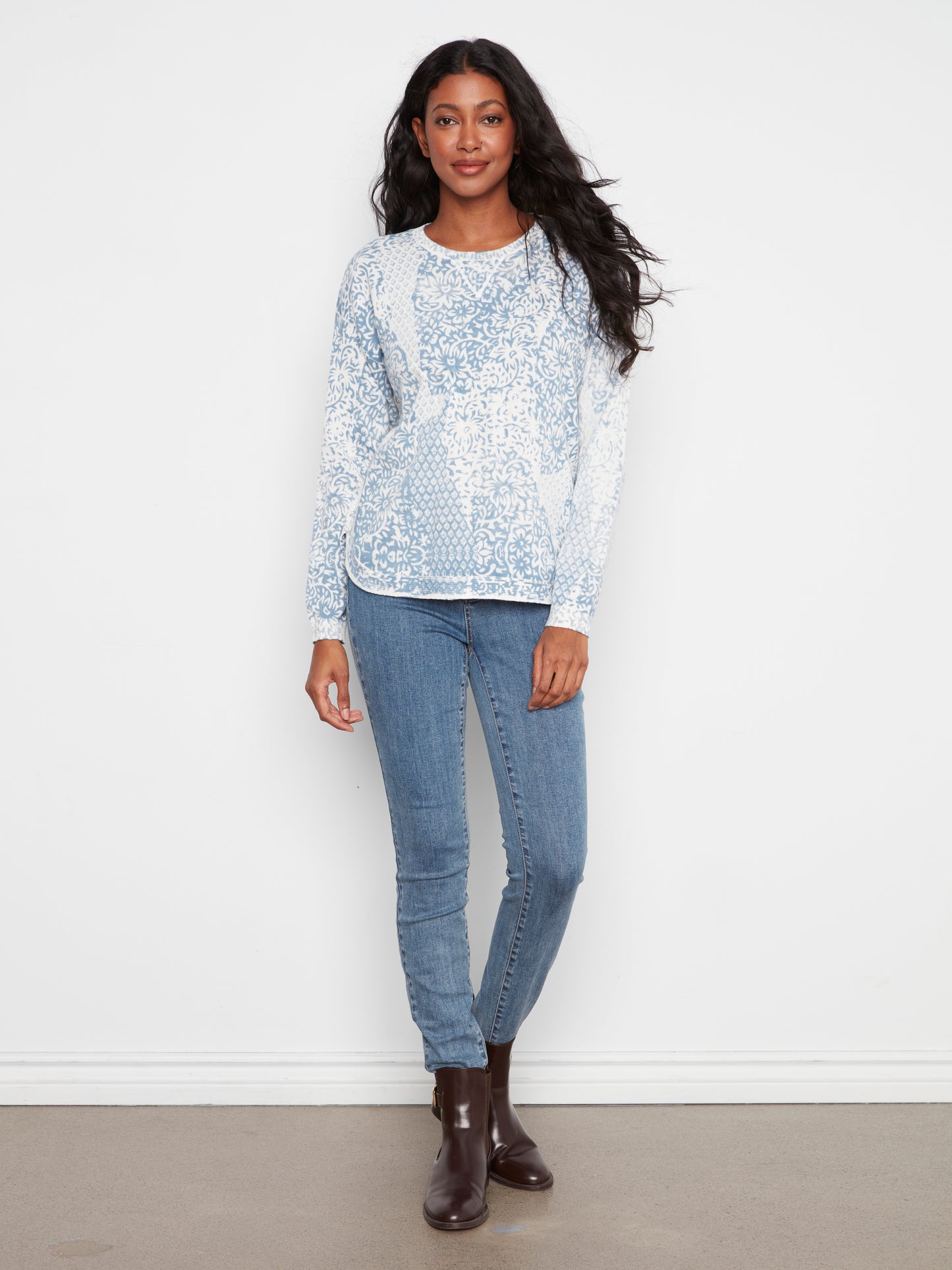 Charlie B L/S Crew Neck Rounded Hem Printed On Reverse Sweater Damask C2010P-261B-P636
