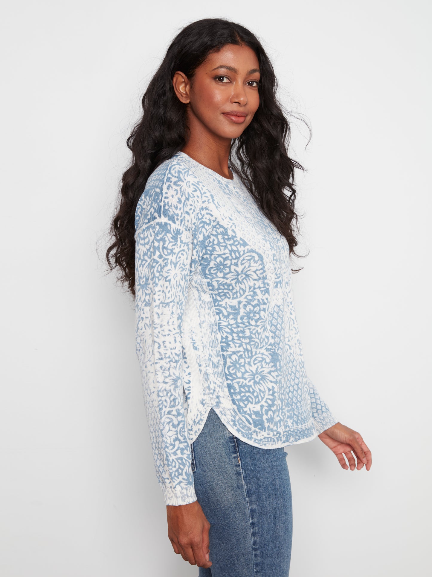 Charlie B L/S Crew Neck Rounded Hem Printed On Reverse Sweater Damask C2010P-261B-P636
